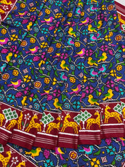 Red & Blue deer border pallu with blue patan patola