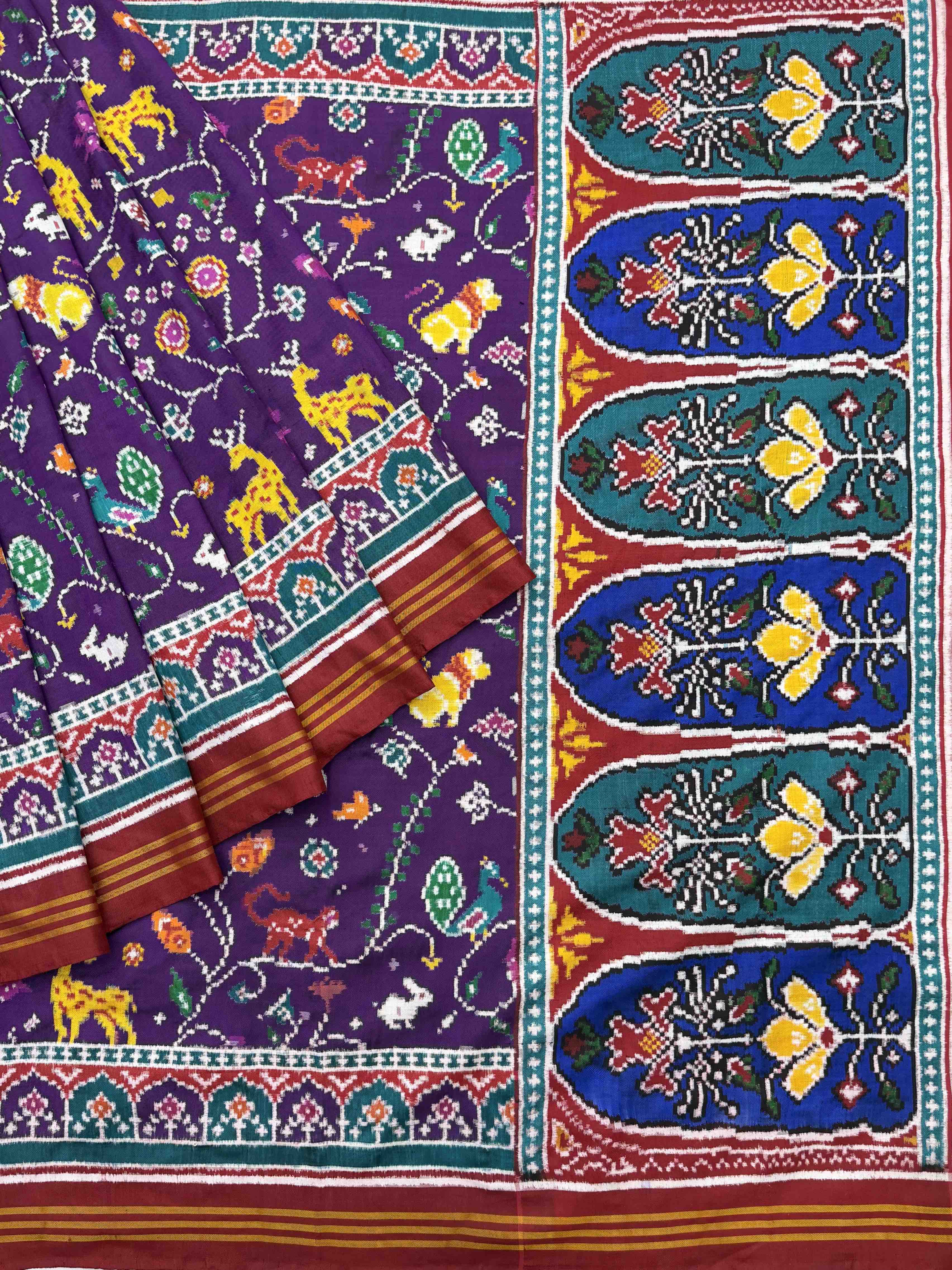 Red & Purple Jungle Figures Patan Patola Saree