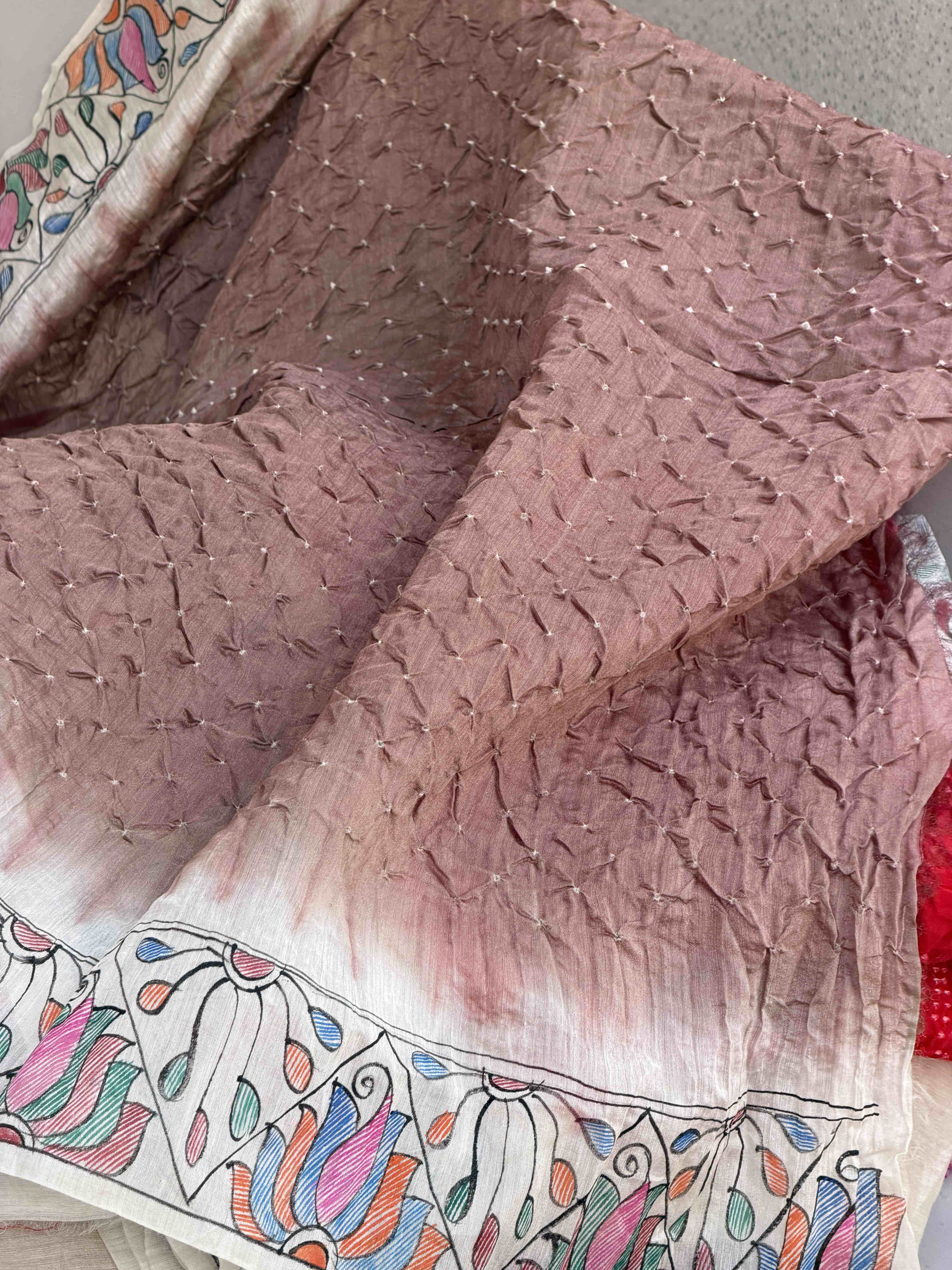 Off white & chiku Madhubani Bandhani Saree