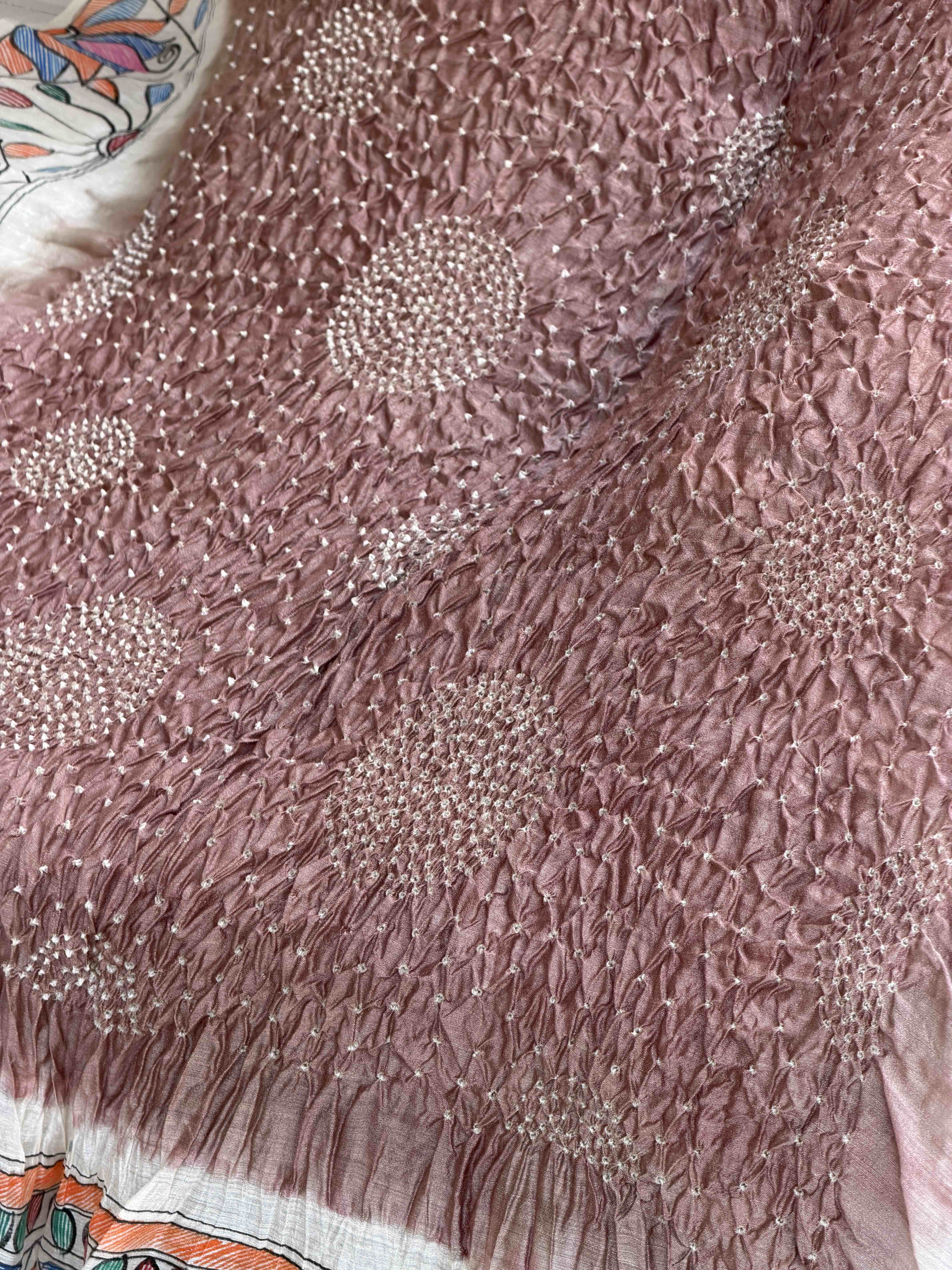 Off white & chiku Madhubani Bandhani Saree