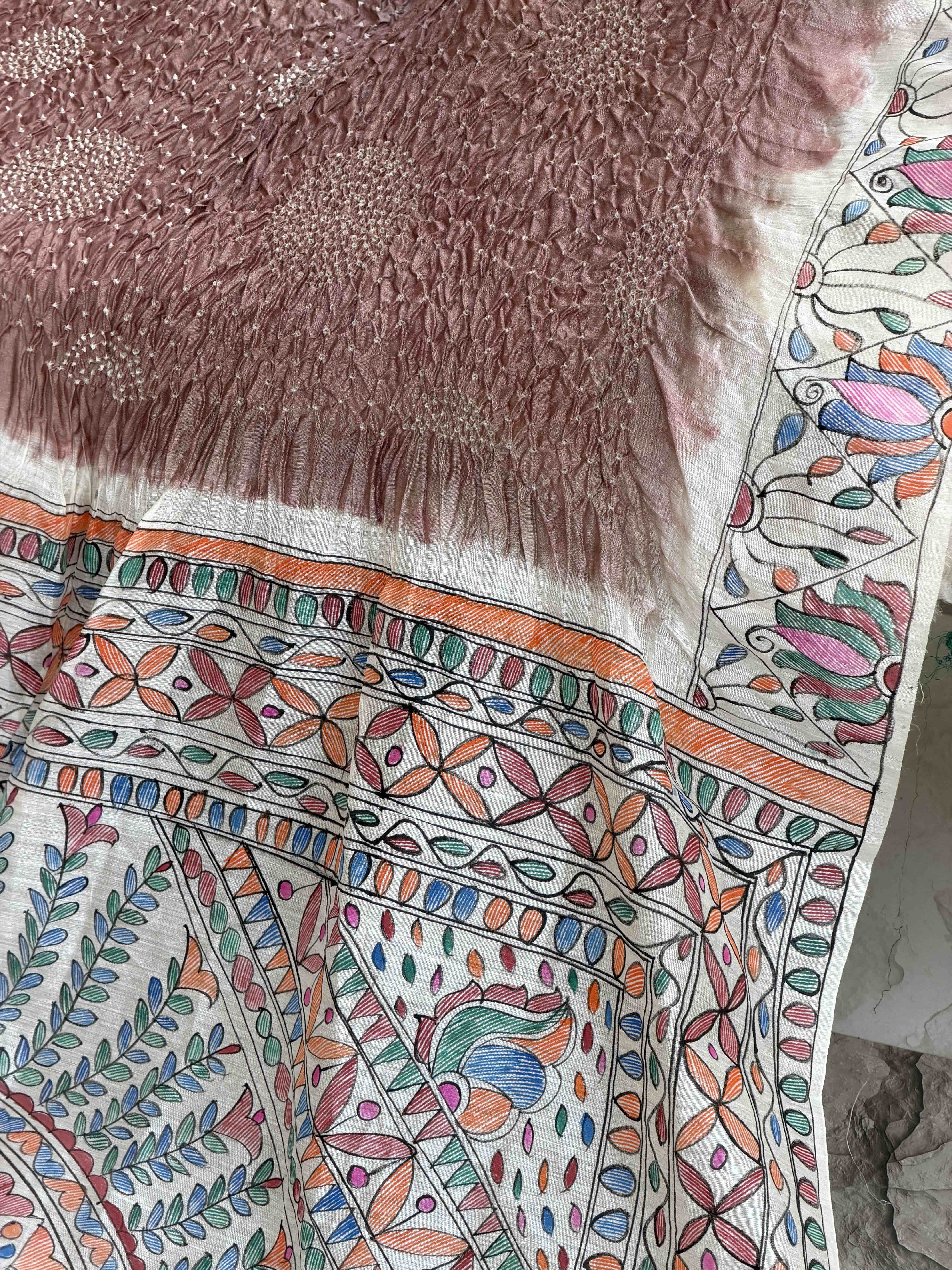 Off white & chiku Madhubani Bandhani Saree