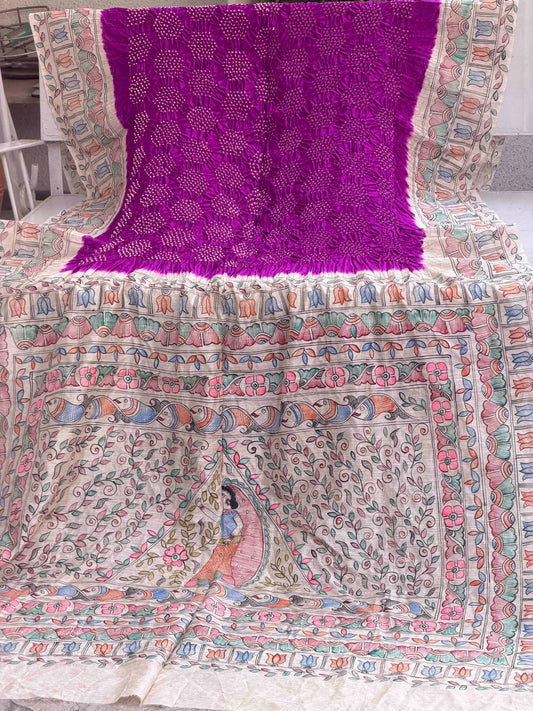 Off white & Magenta Madhubani Bandhani Saree