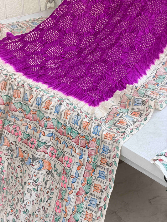 Off white & Magenta Madhubani Bandhani Saree