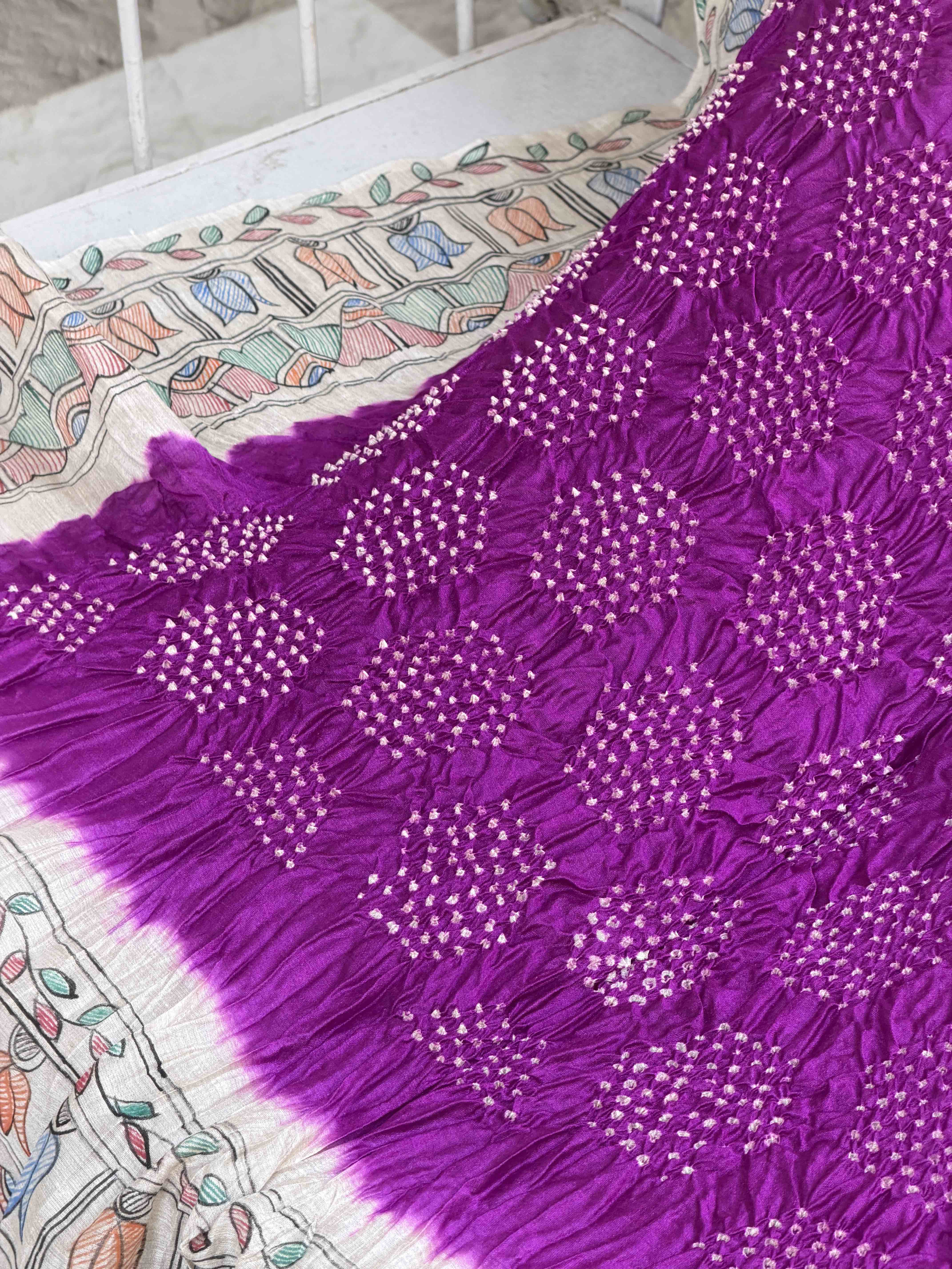 Off white & Magenta Madhubani Bandhani Saree