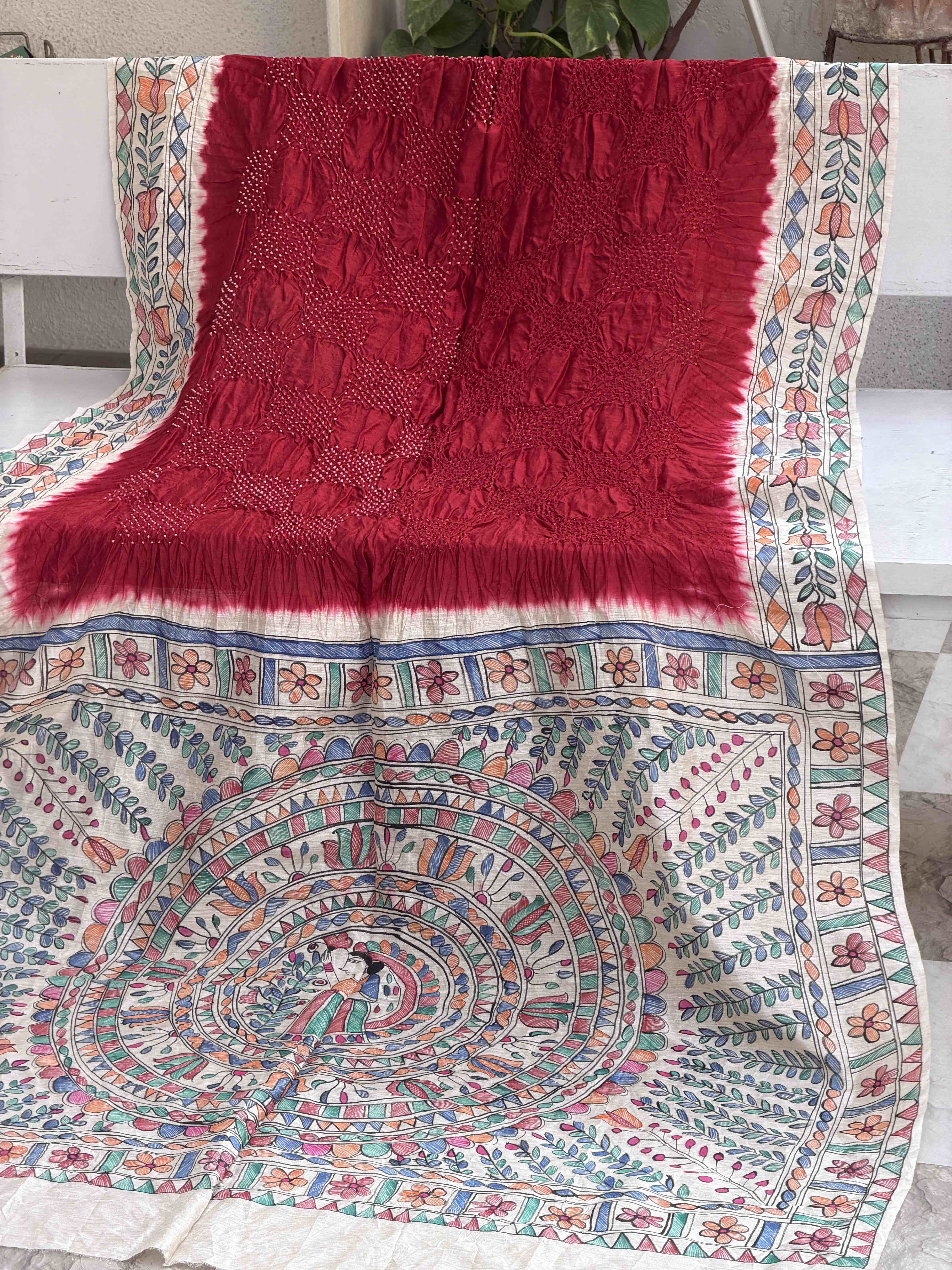 Off white & Maroon Madhubani Bandhani Saree