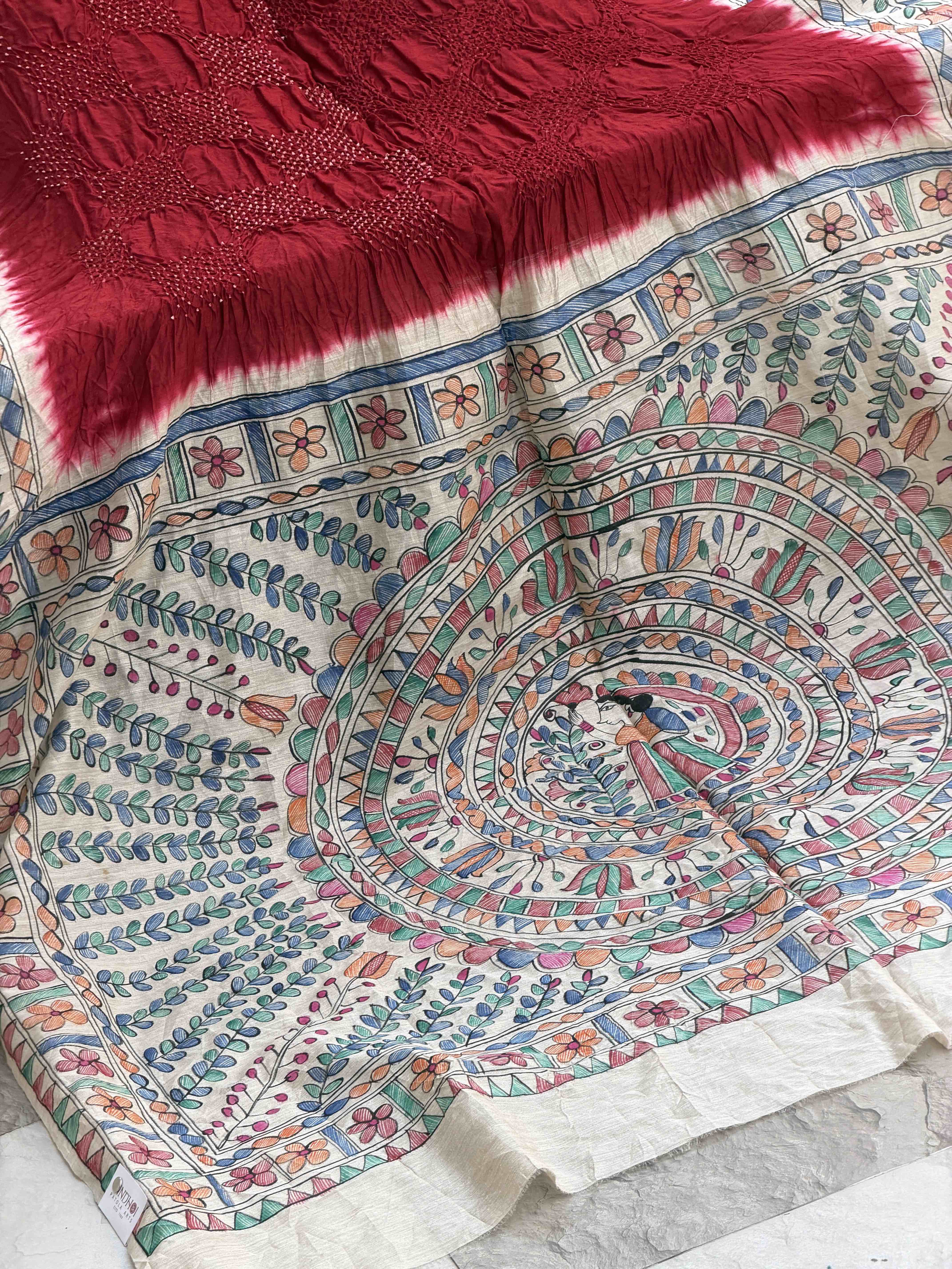 Off white & Maroon Madhubani Bandhani Saree