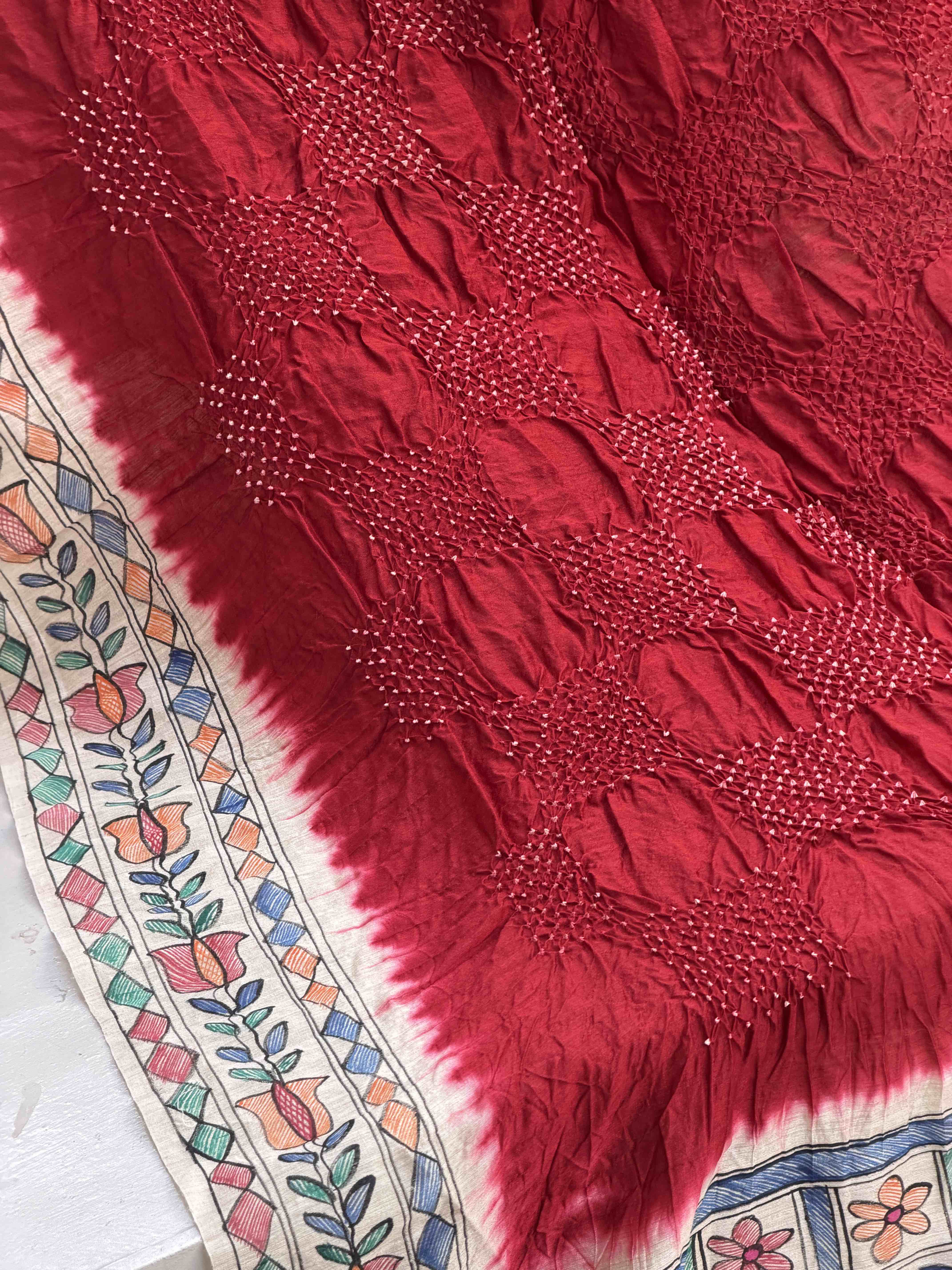 Off white & Maroon Madhubani Bandhani Saree