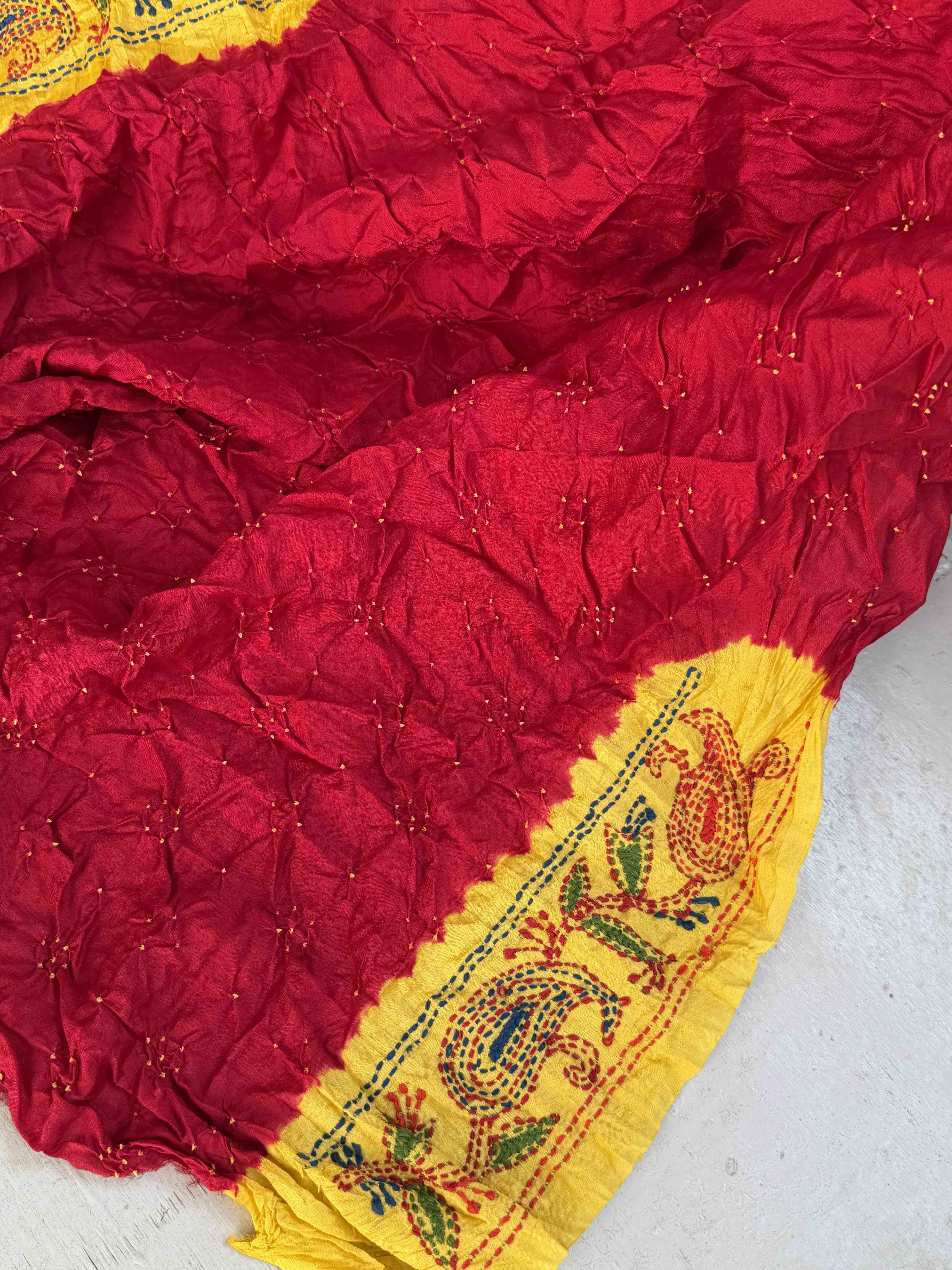 yellow & Red Kantha with Bandhani Fusion Saree