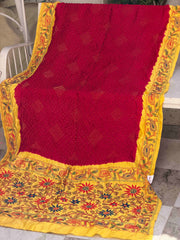 yellow & Red Kantha with Bandhani Fusion Saree