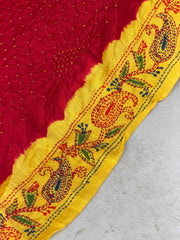 yellow & Red Kantha with Bandhani Fusion Saree