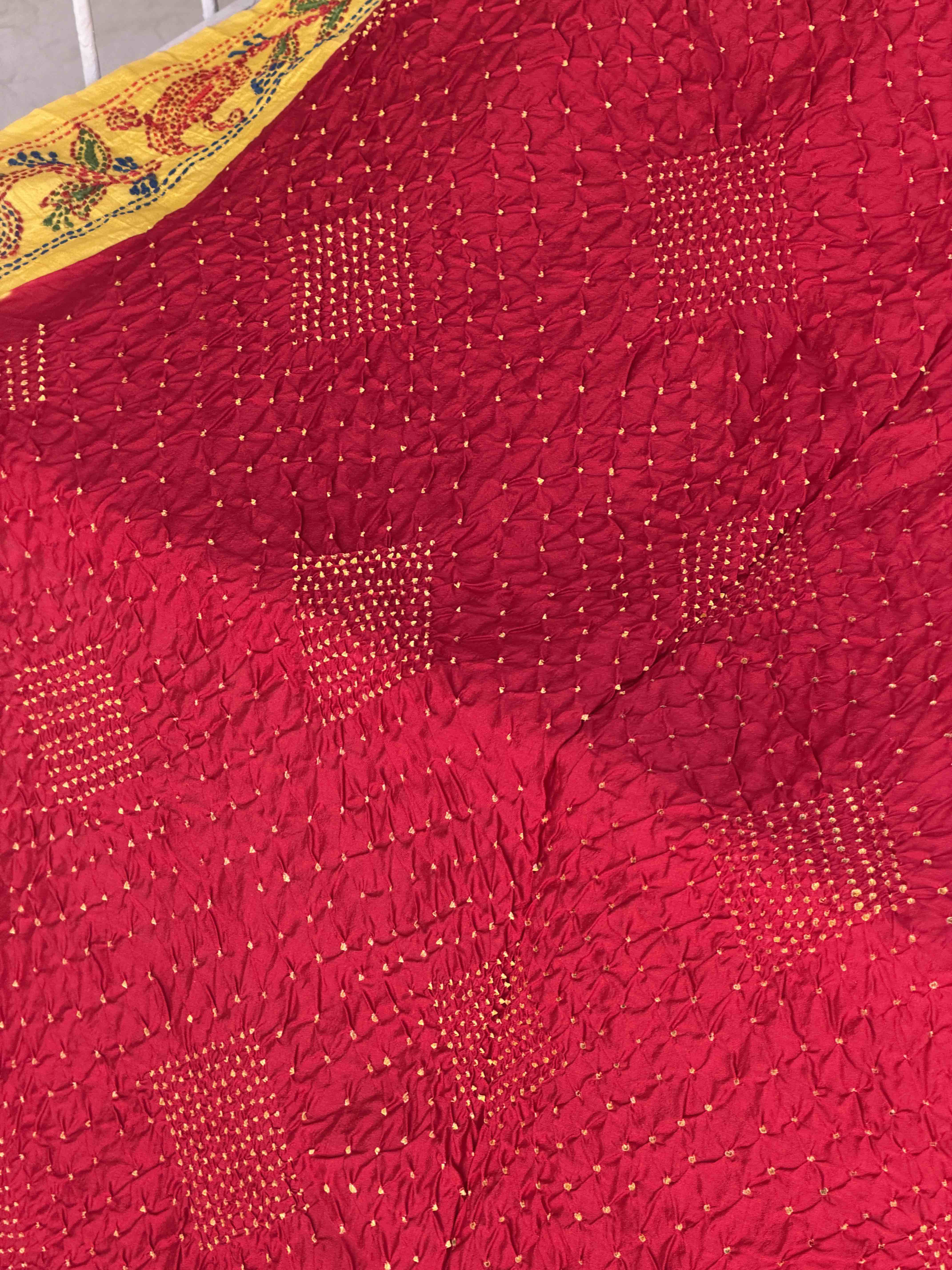 yellow & Red Kantha with Bandhani Fusion Saree