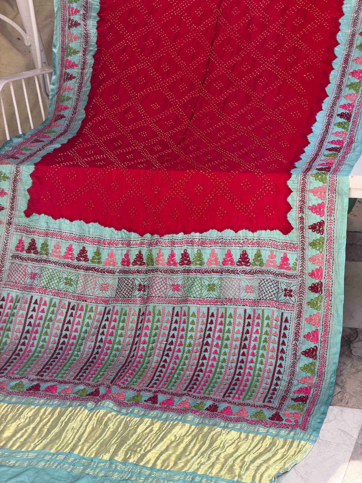 coral Blue & Red kantha Bandhani Saree