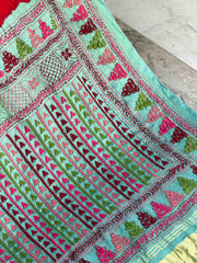 coral Blue & Red kantha Bandhani Saree