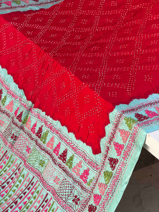 coral Blue & Red kantha Bandhani Saree