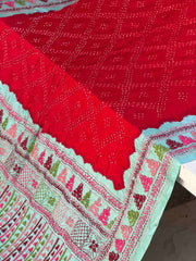 coral Blue & Red kantha Bandhani Saree