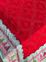 coral Blue & Red kantha Bandhani Saree