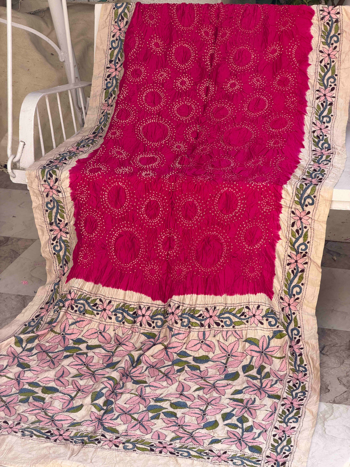 Tasar & Pink Kantha with Bandhani Fusion Saree