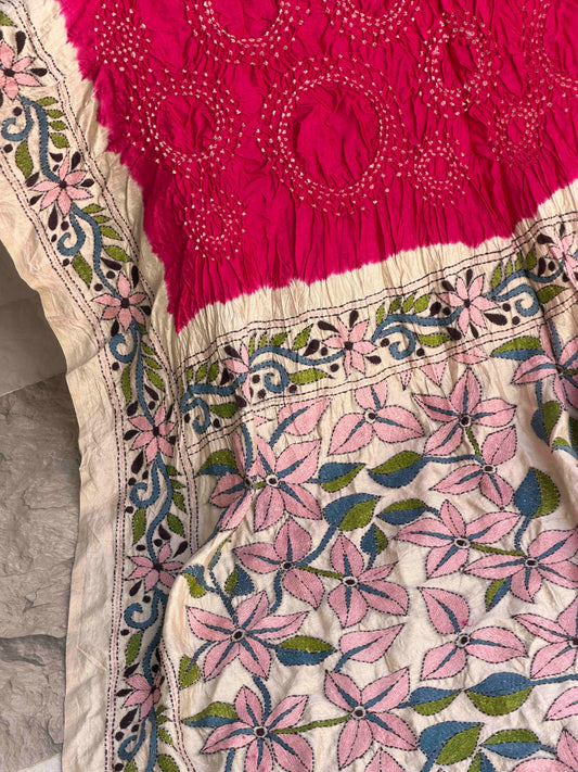Tasar & Pink Kantha with Bandhani Fusion Saree