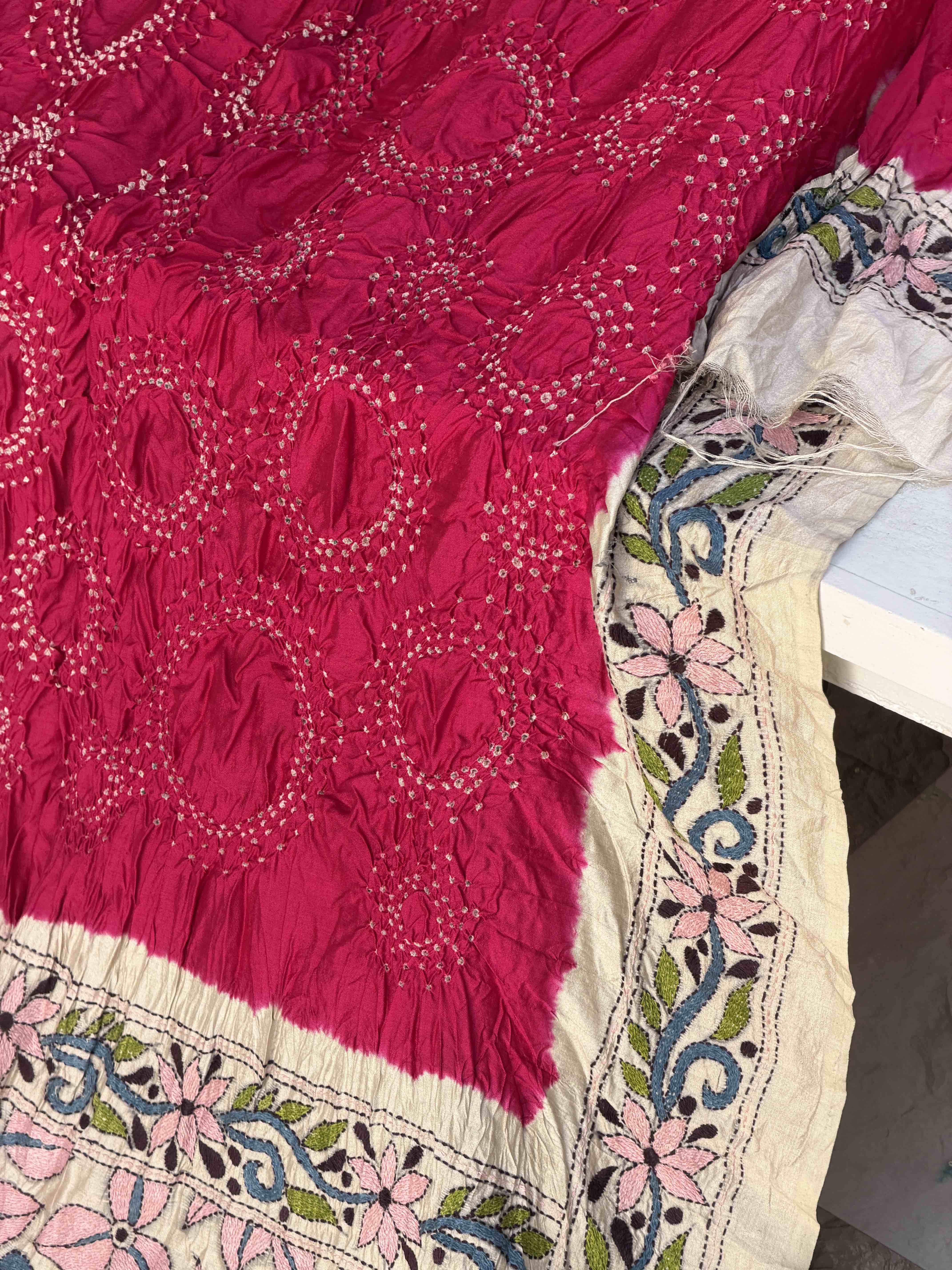 Tasar & Pink Kantha with Bandhani Fusion Saree