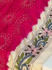 Tasar & Pink Kantha with Bandhani Fusion Saree