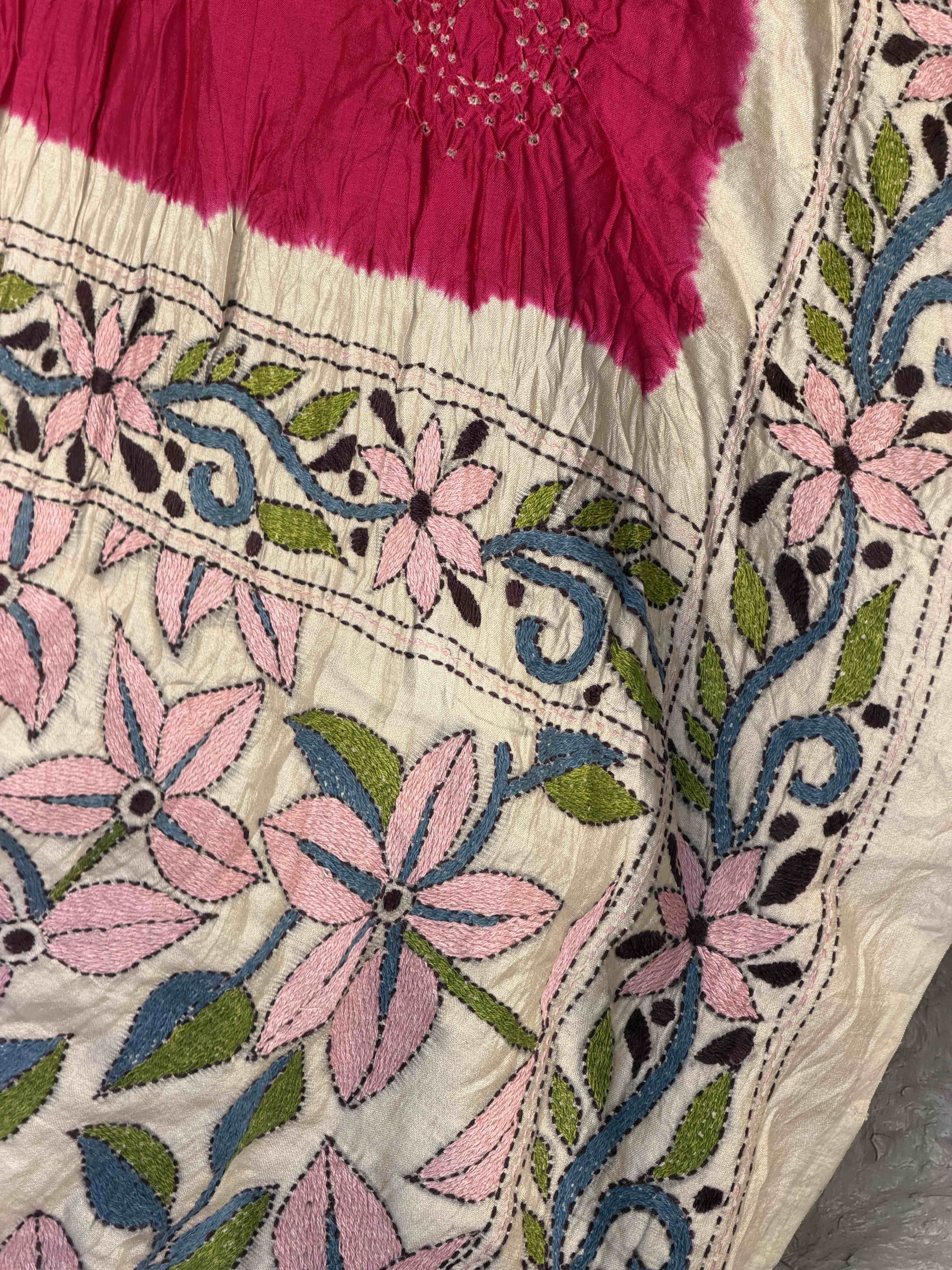 Tasar & Pink Kantha with Bandhani Fusion Saree