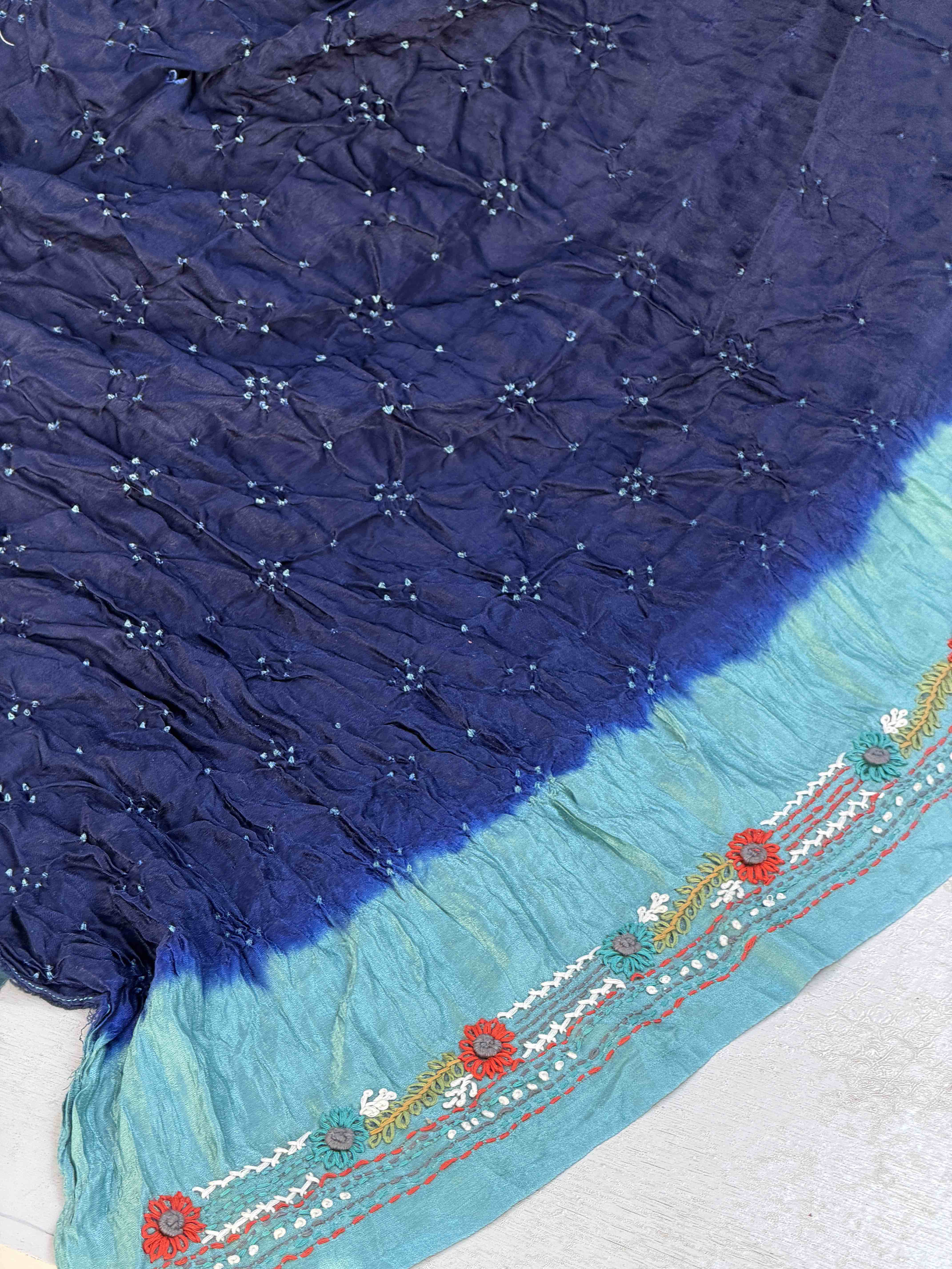 Teal & Dark Blue Kantha with Bandhani Fusion Saree