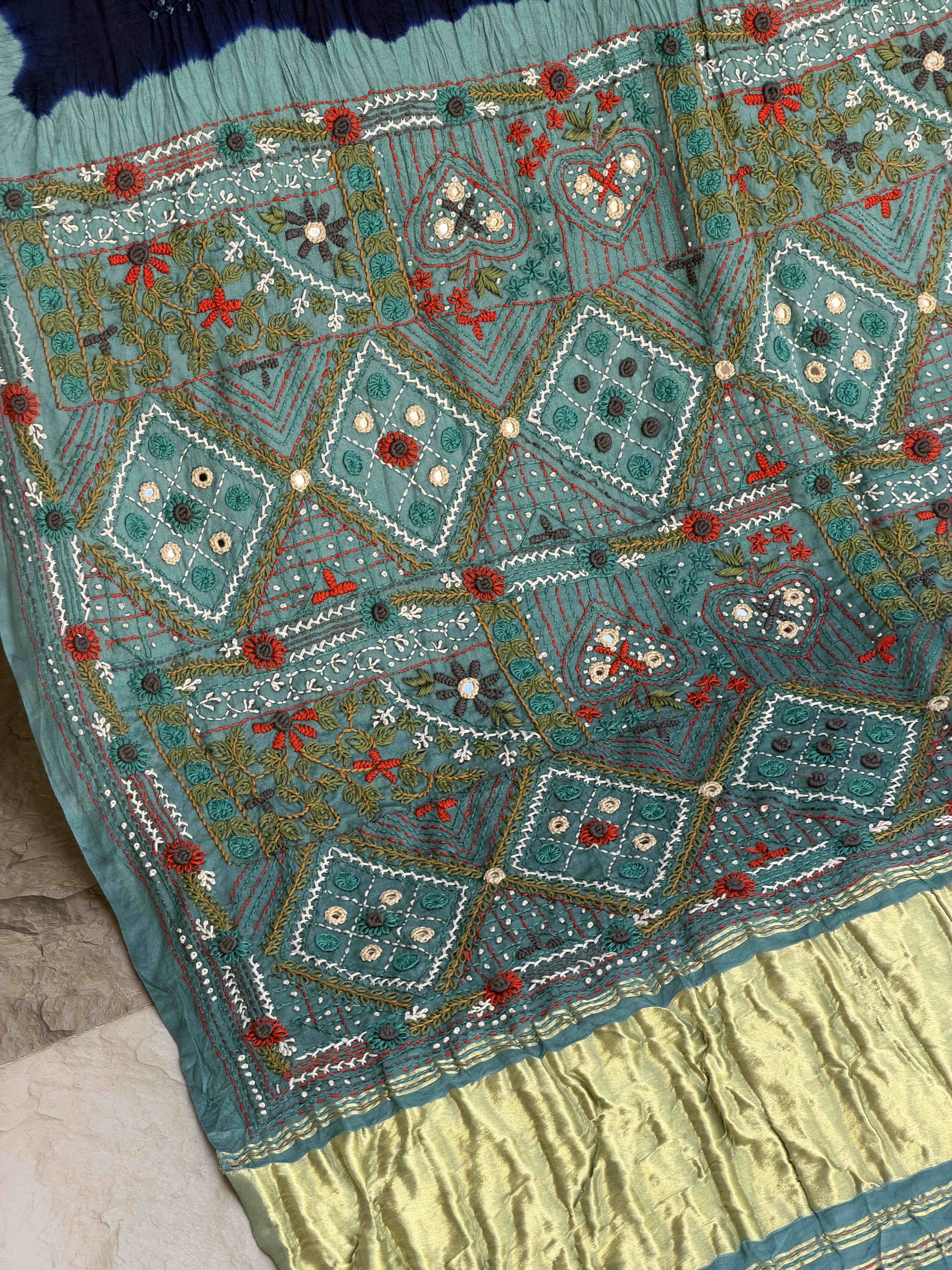 Teal & Dark Blue Kantha with Bandhani Fusion Saree