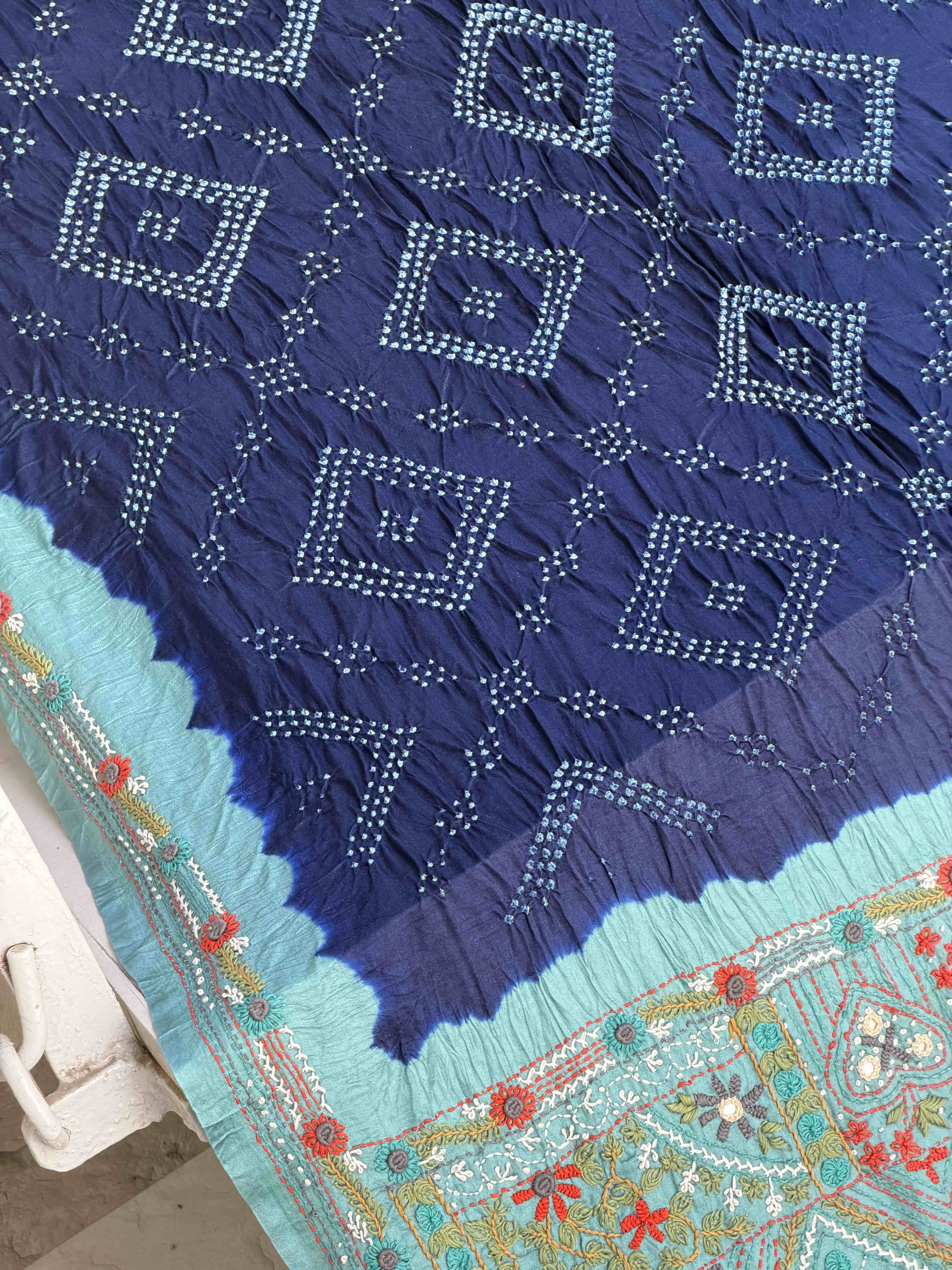 Teal & Dark Blue Kantha with Bandhani Fusion Saree