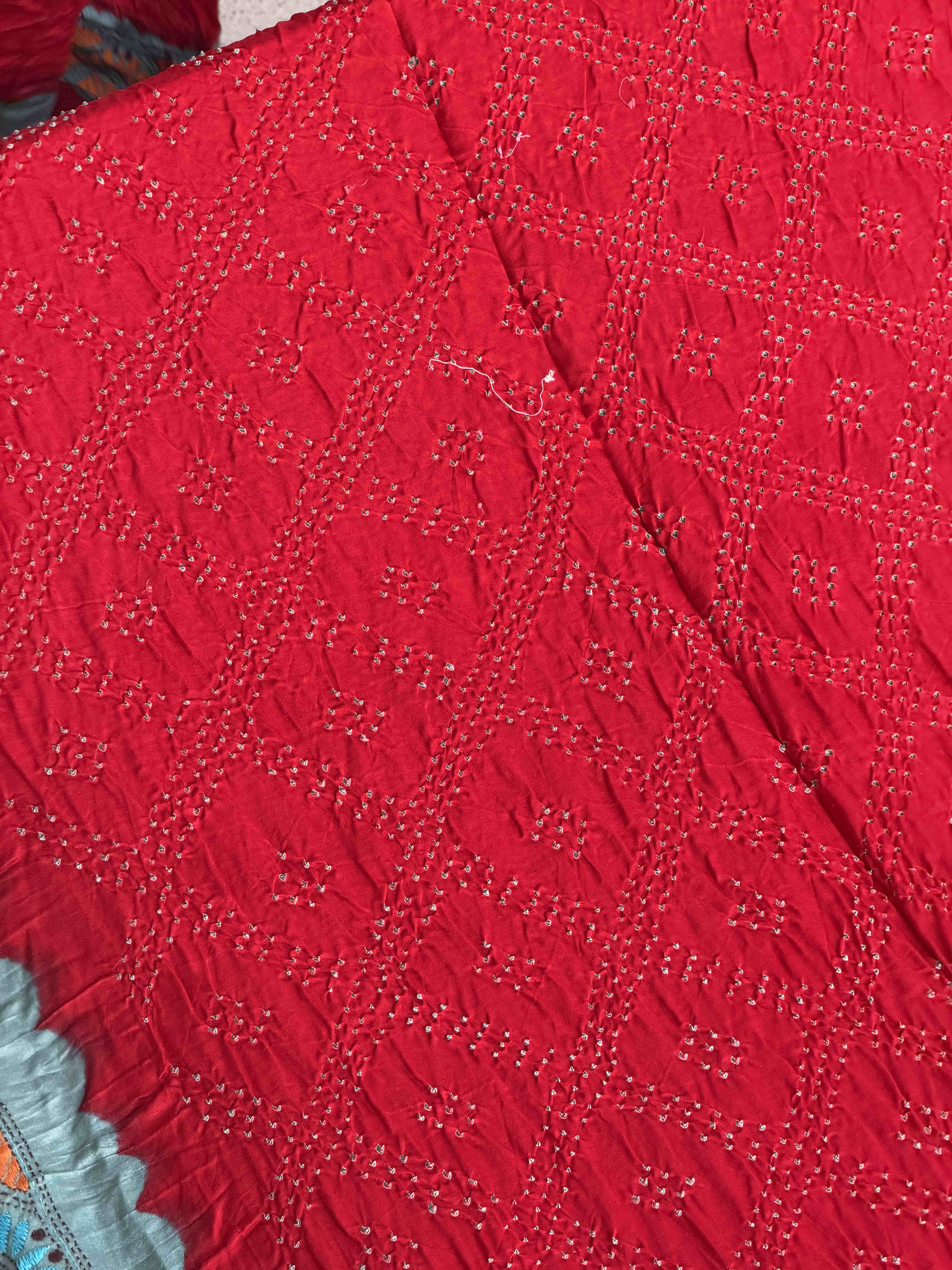 Cyan & Red Kantha with Bandhani Fusion Saree