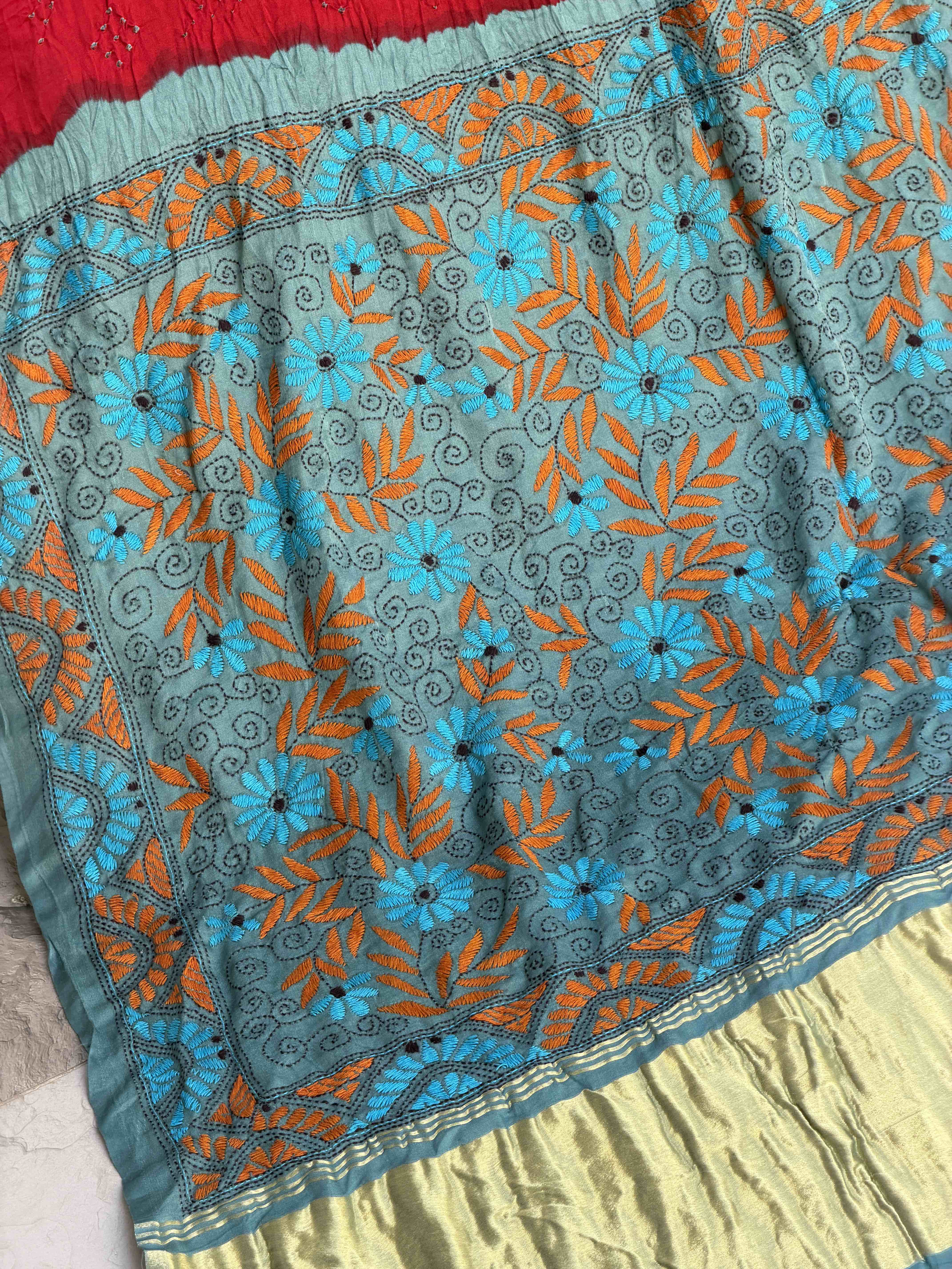Cyan & Red Kantha with Bandhani Fusion Saree