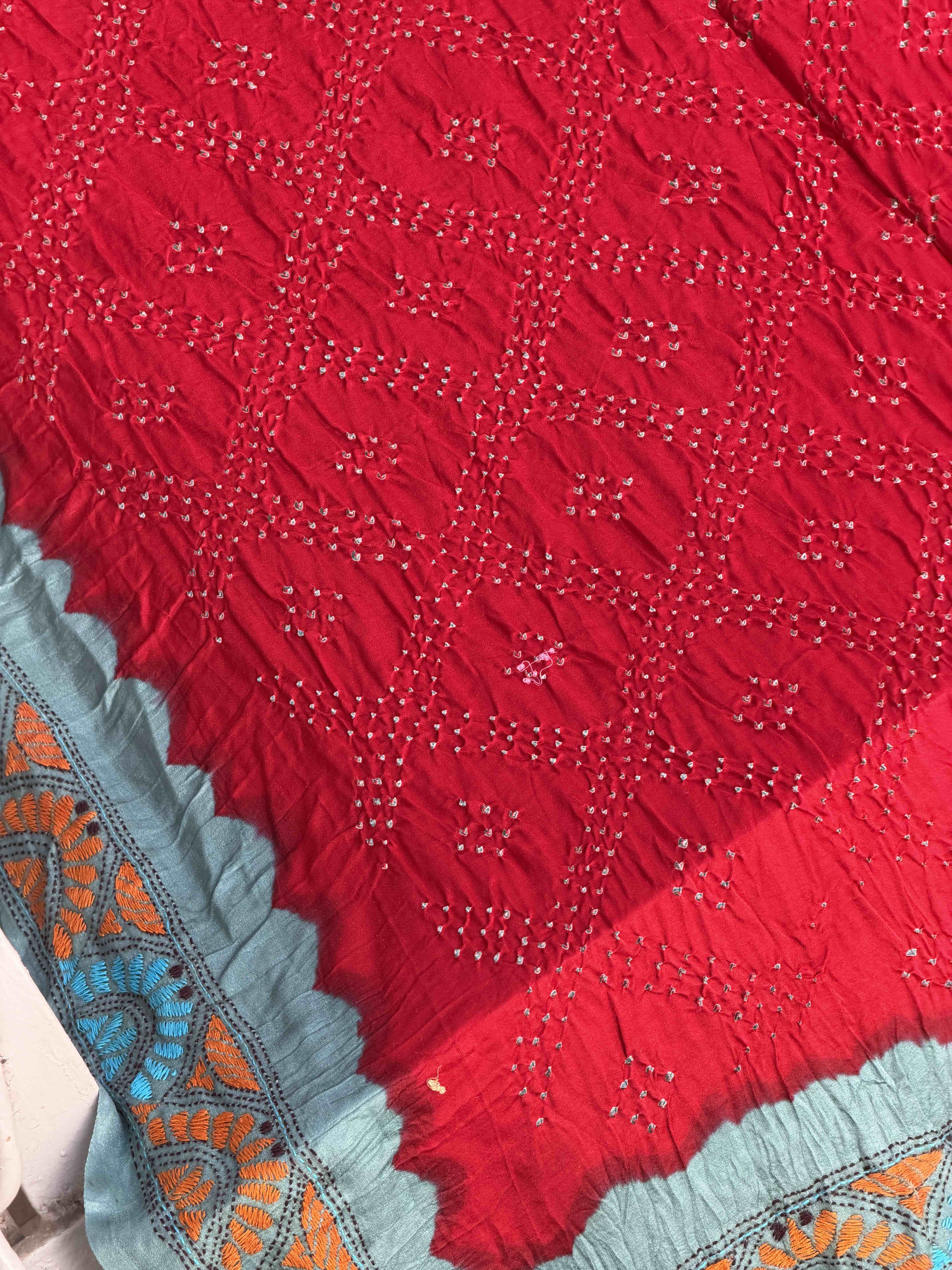 Cyan & Red Kantha with Bandhani Fusion Saree
