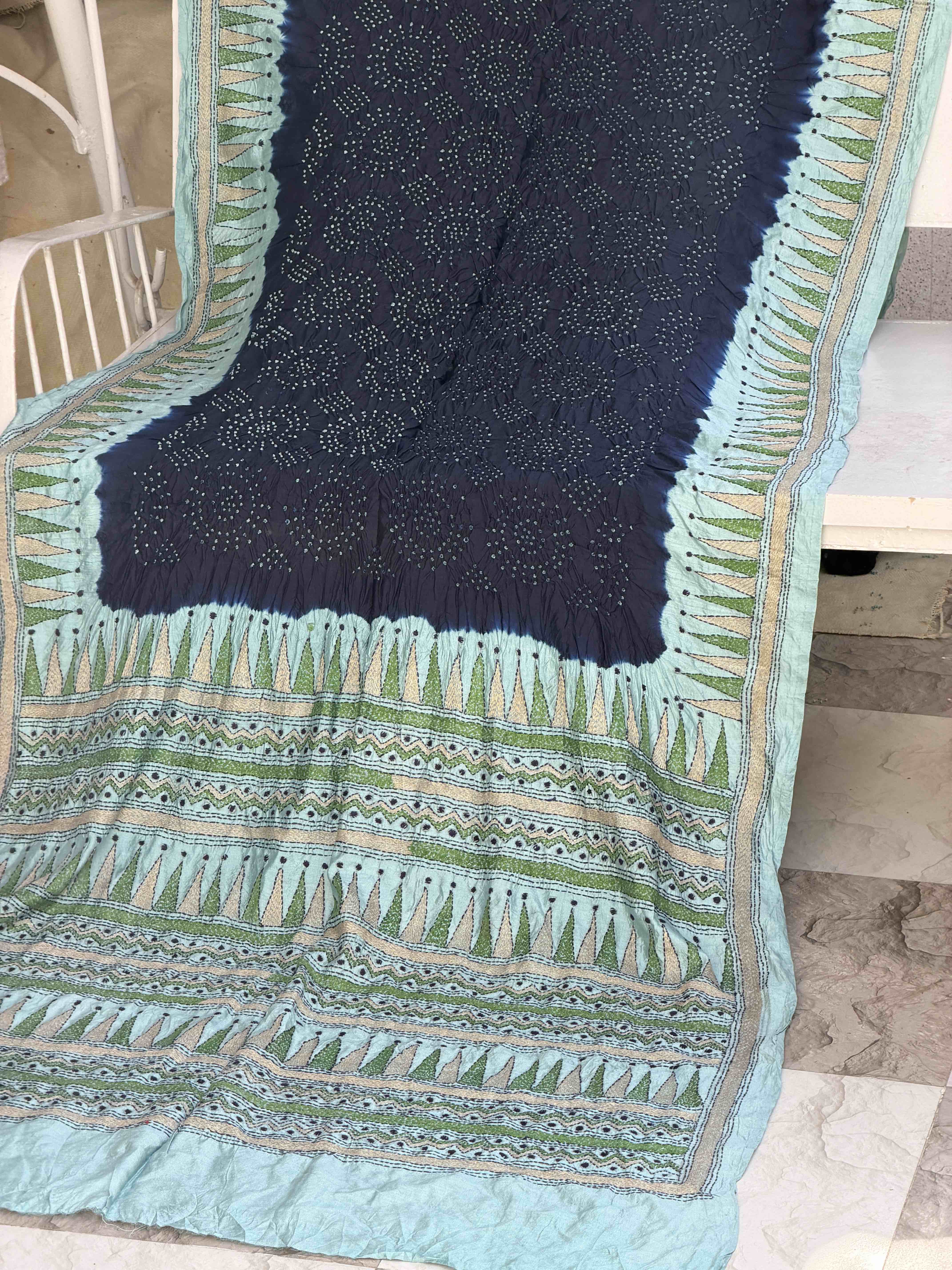 Cyan & Dark blue Kantha with Bandhani Fusion Saree