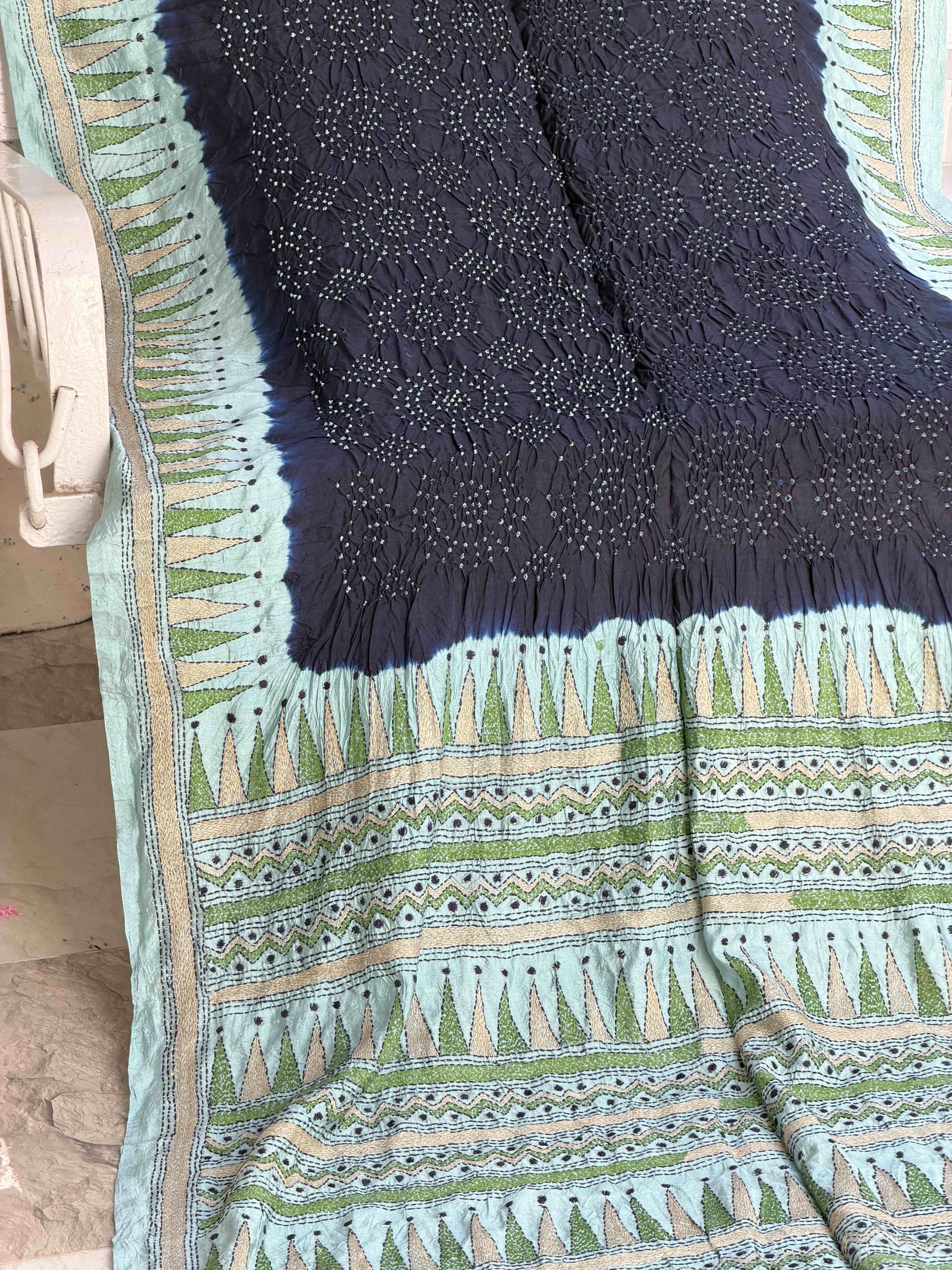 Cyan & Dark blue Kantha with Bandhani Fusion Saree