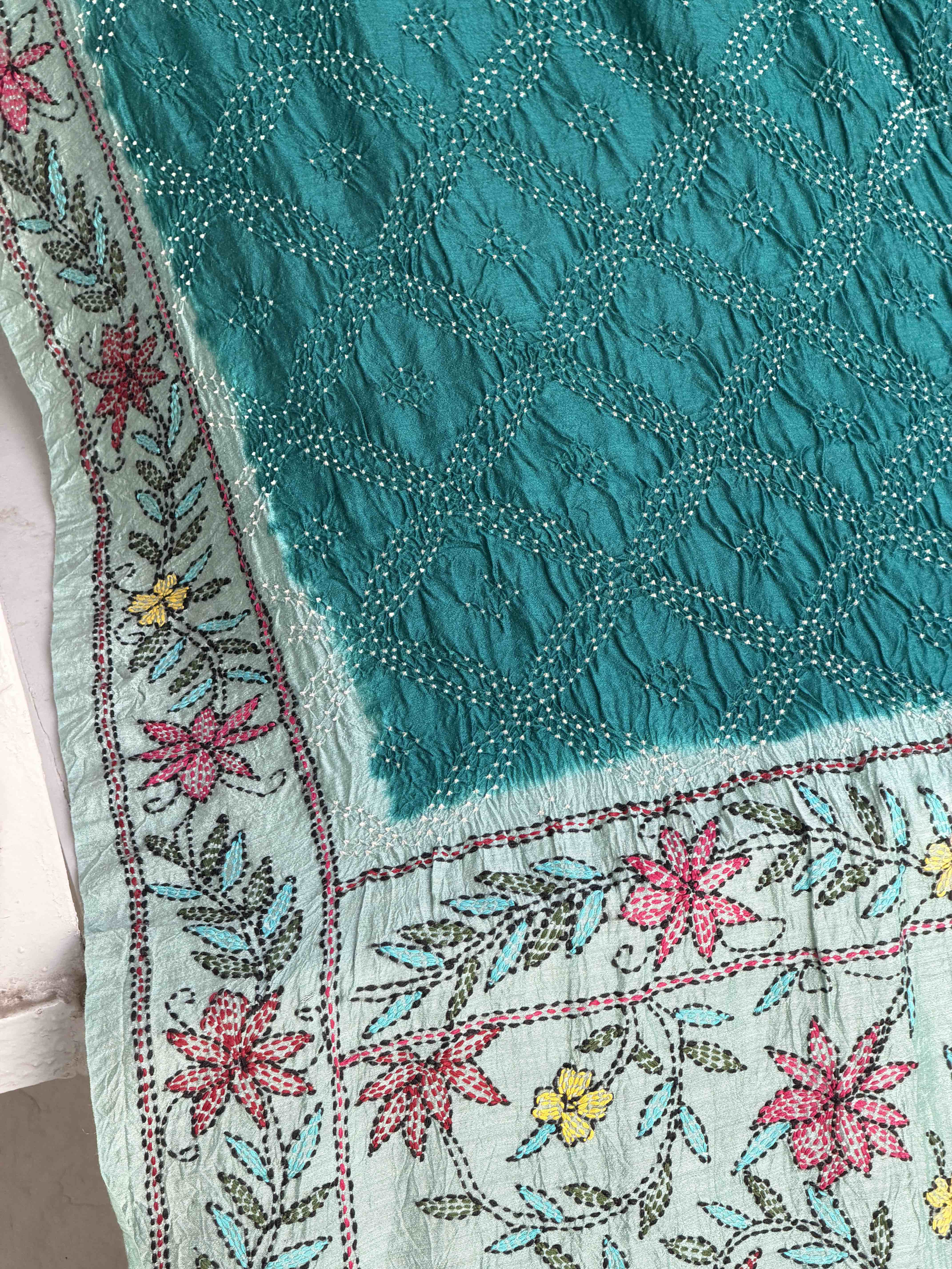 Cyan & Rama blue Kantha with Bandhani Fusion Saree