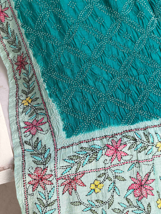 Cyan & Rama blue Kantha with Bandhani Fusion Saree