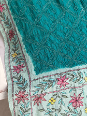 Cyan & Rama blue Kantha with Bandhani Fusion Saree