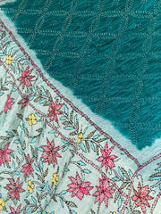 Cyan & Rama blue Kantha with Bandhani Fusion Saree