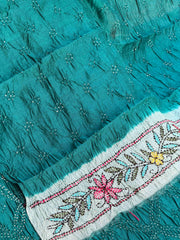 Cyan & Rama blue Kantha with Bandhani Fusion Saree