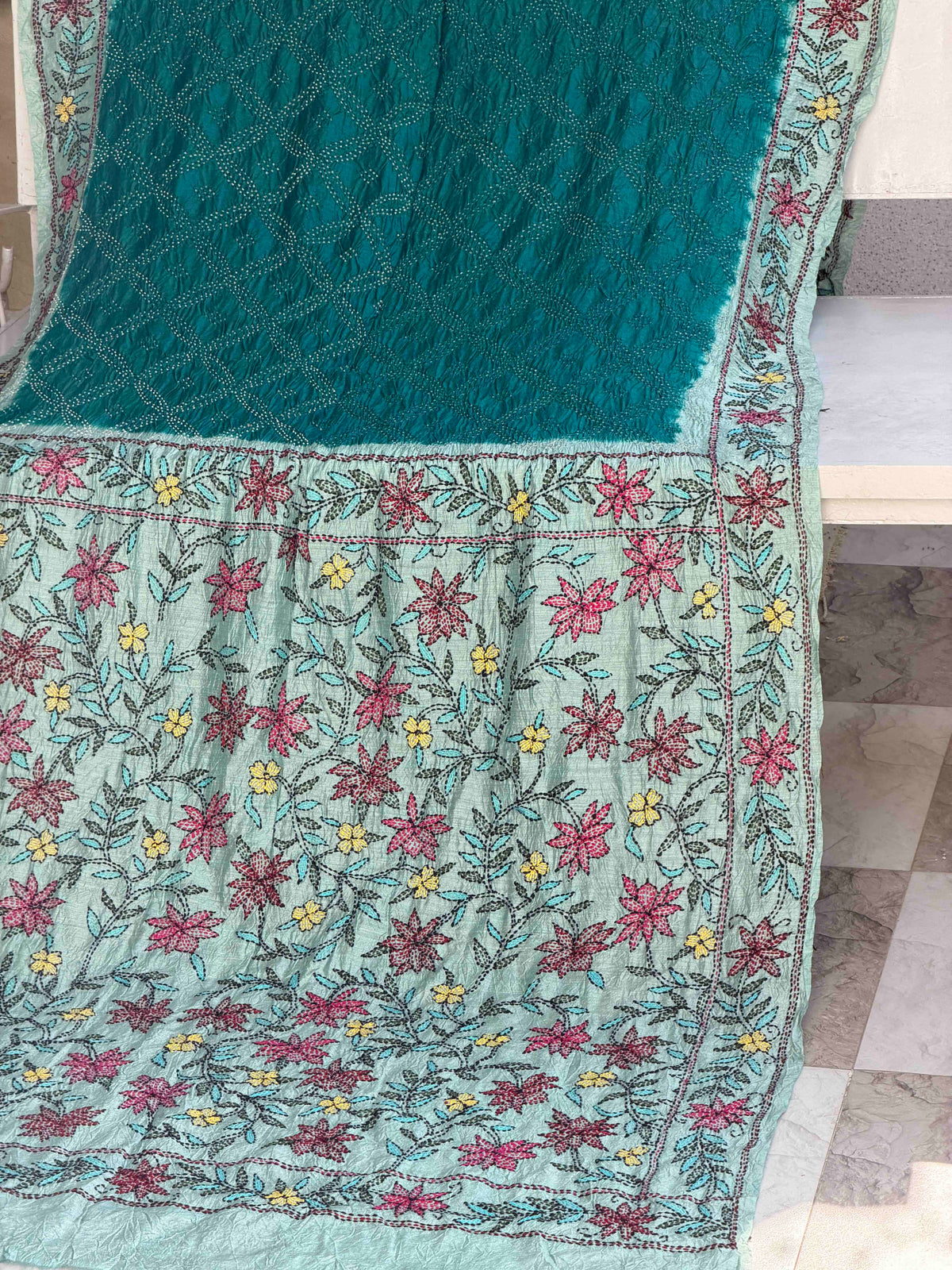 Cyan & Rama blue Kantha with Bandhani Fusion Saree