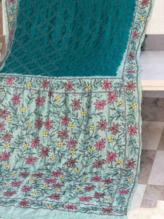 Cyan & Rama blue Kantha with Bandhani Fusion Saree