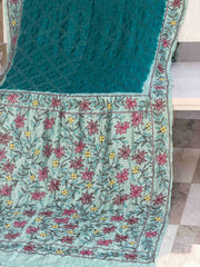 Cyan & Rama blue Kantha with Bandhani Fusion Saree