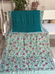 Cyan & Rama blue Kantha with Bandhani Fusion Saree