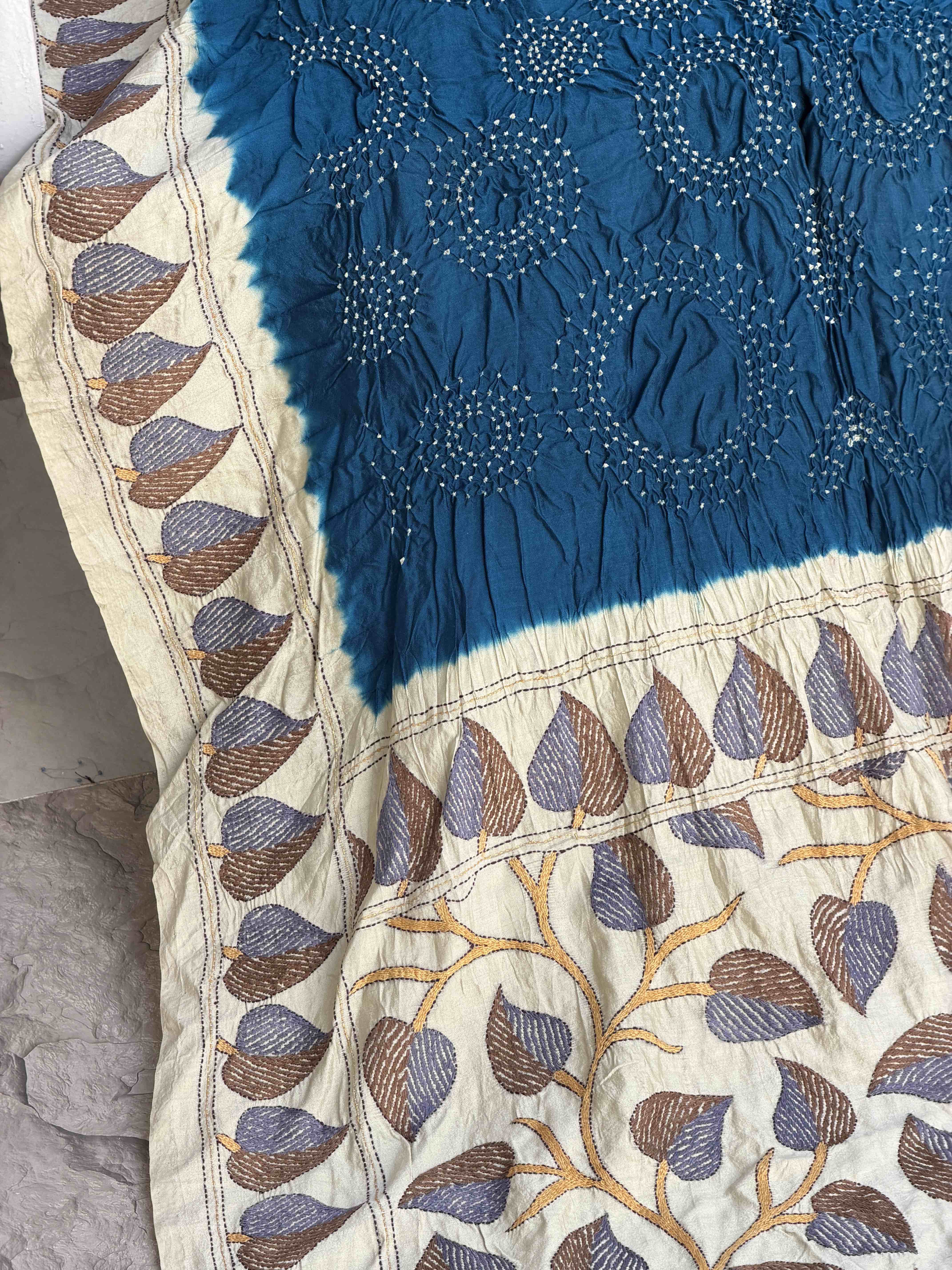 Chiku & Blue Kantha with Bandhani Fusion Saree