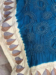 Chiku & Blue Kantha with Bandhani Fusion Saree