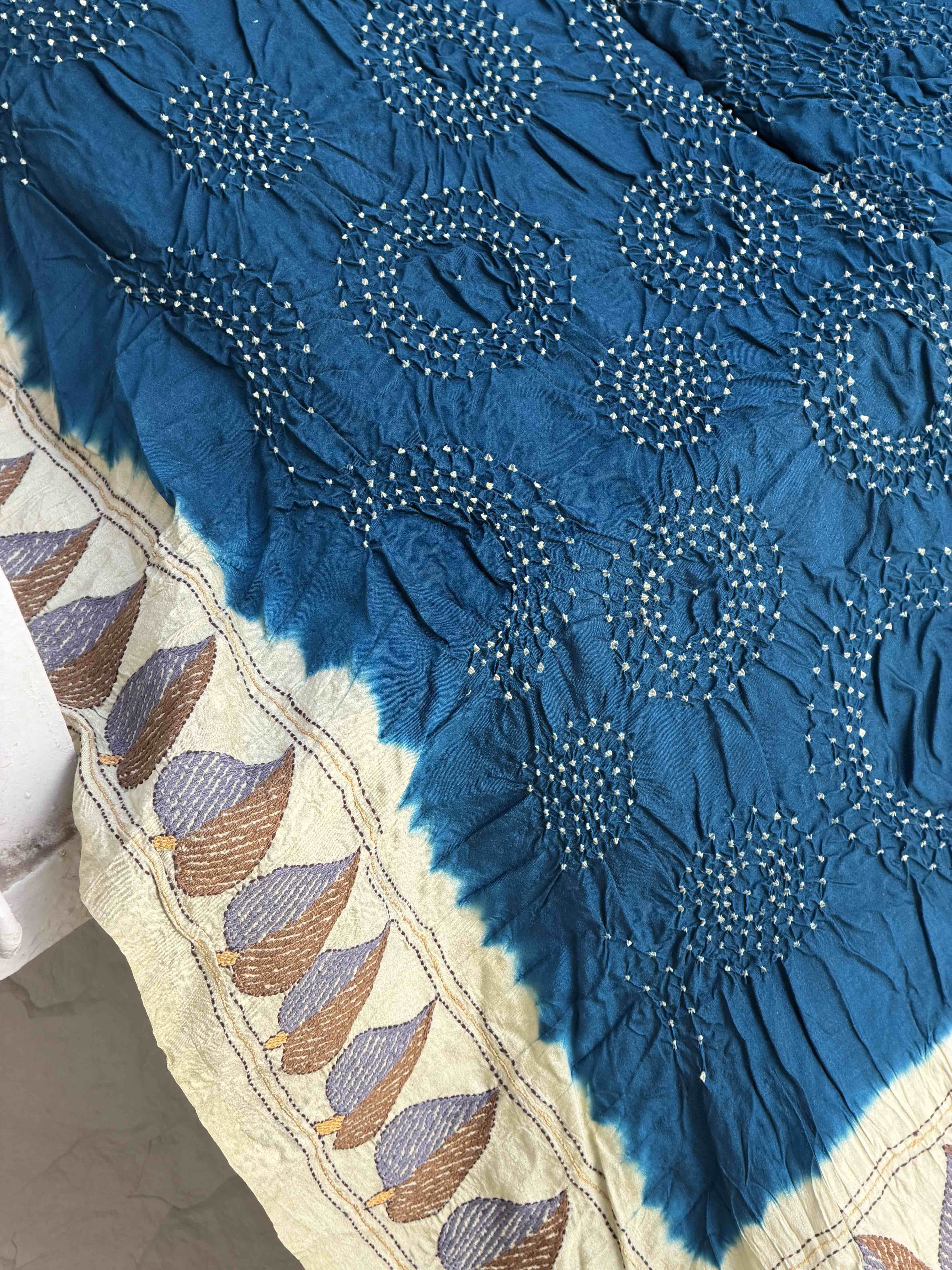 Chiku & Blue Kantha with Bandhani Fusion Saree