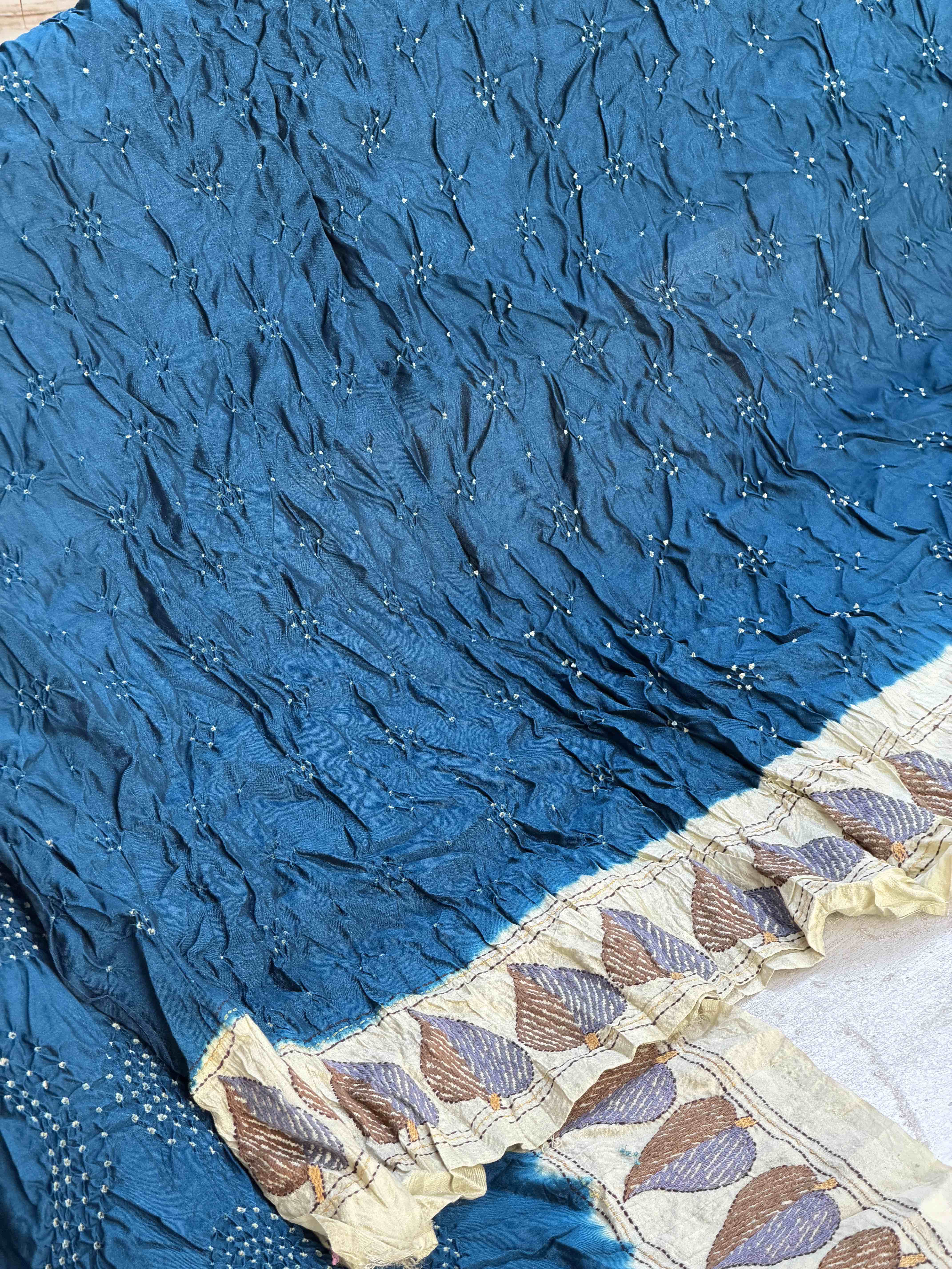 Chiku & Blue Kantha with Bandhani Fusion Saree