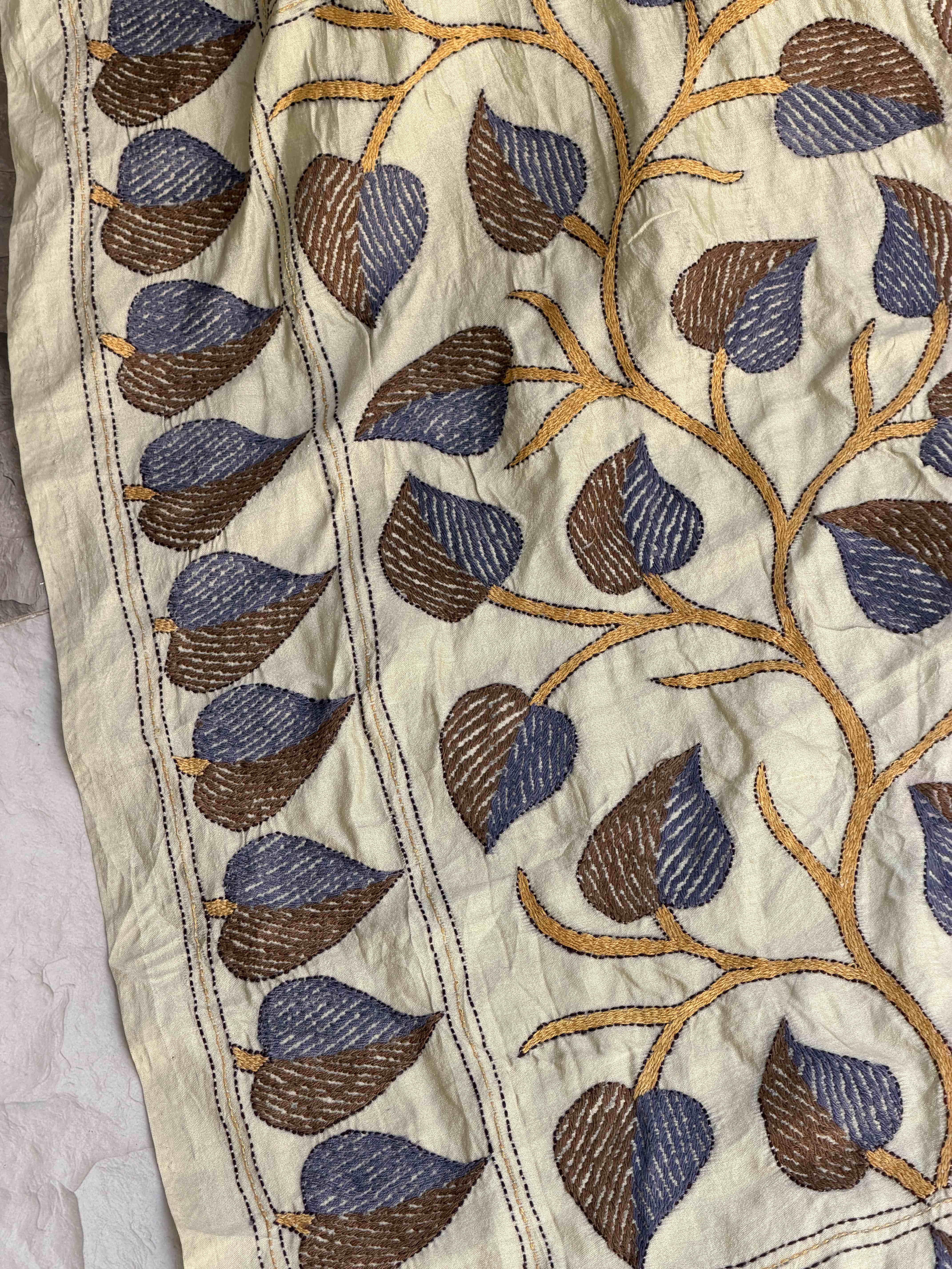 Chiku & Blue Kantha with Bandhani Fusion Saree