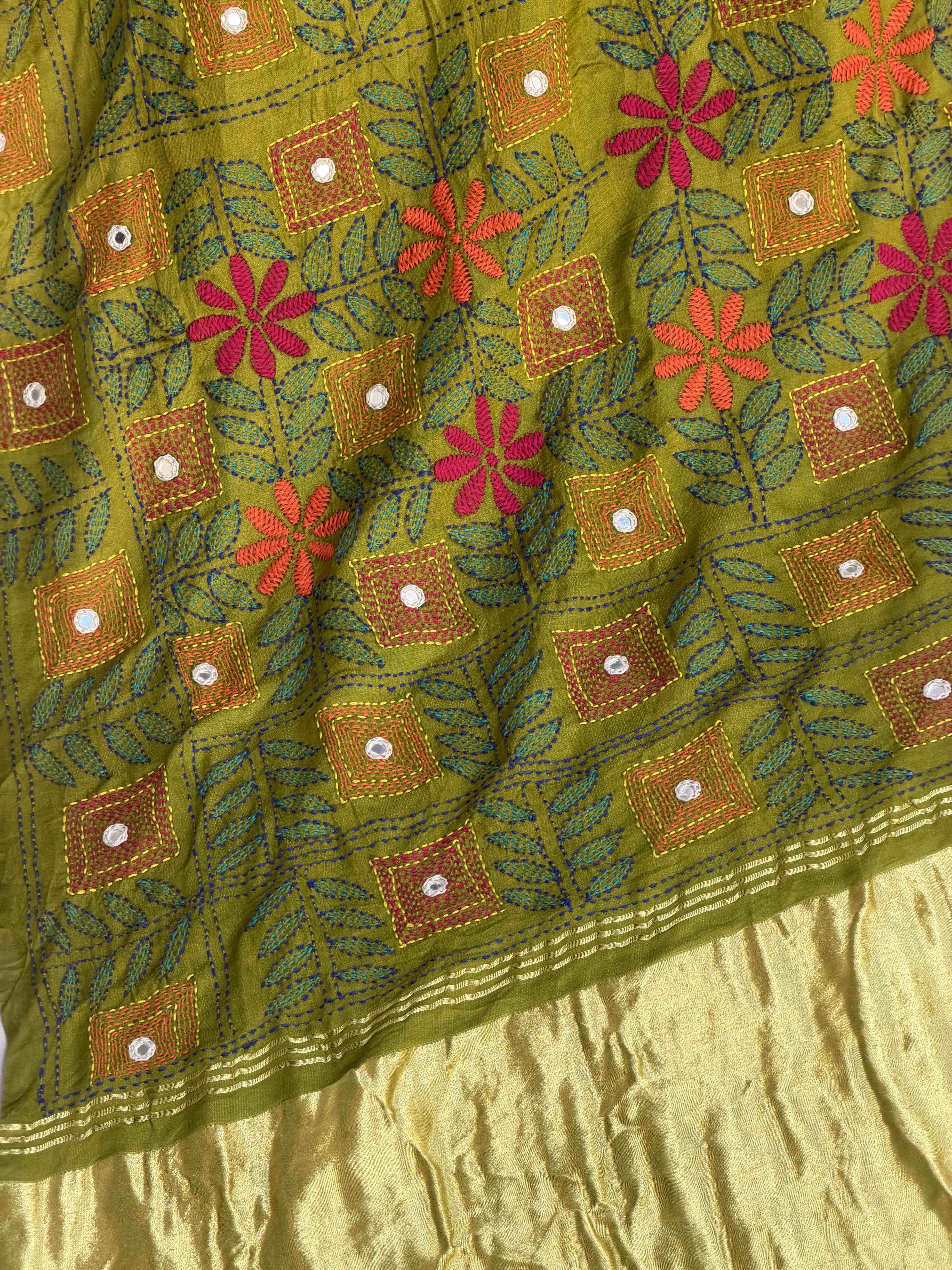 Parrot & Green Kantha Bandhani Saree