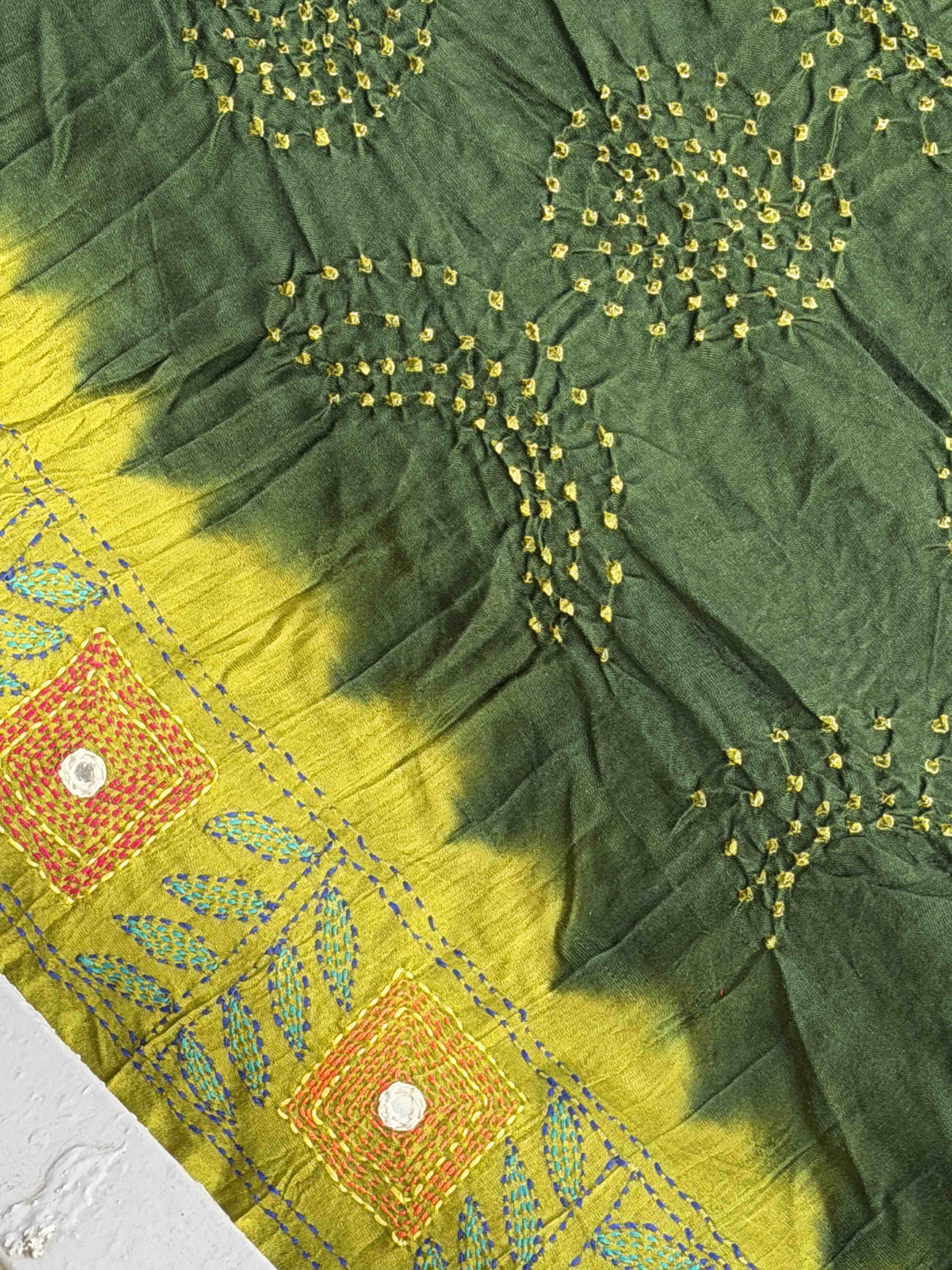 Parrot & Green Kantha Bandhani Saree
