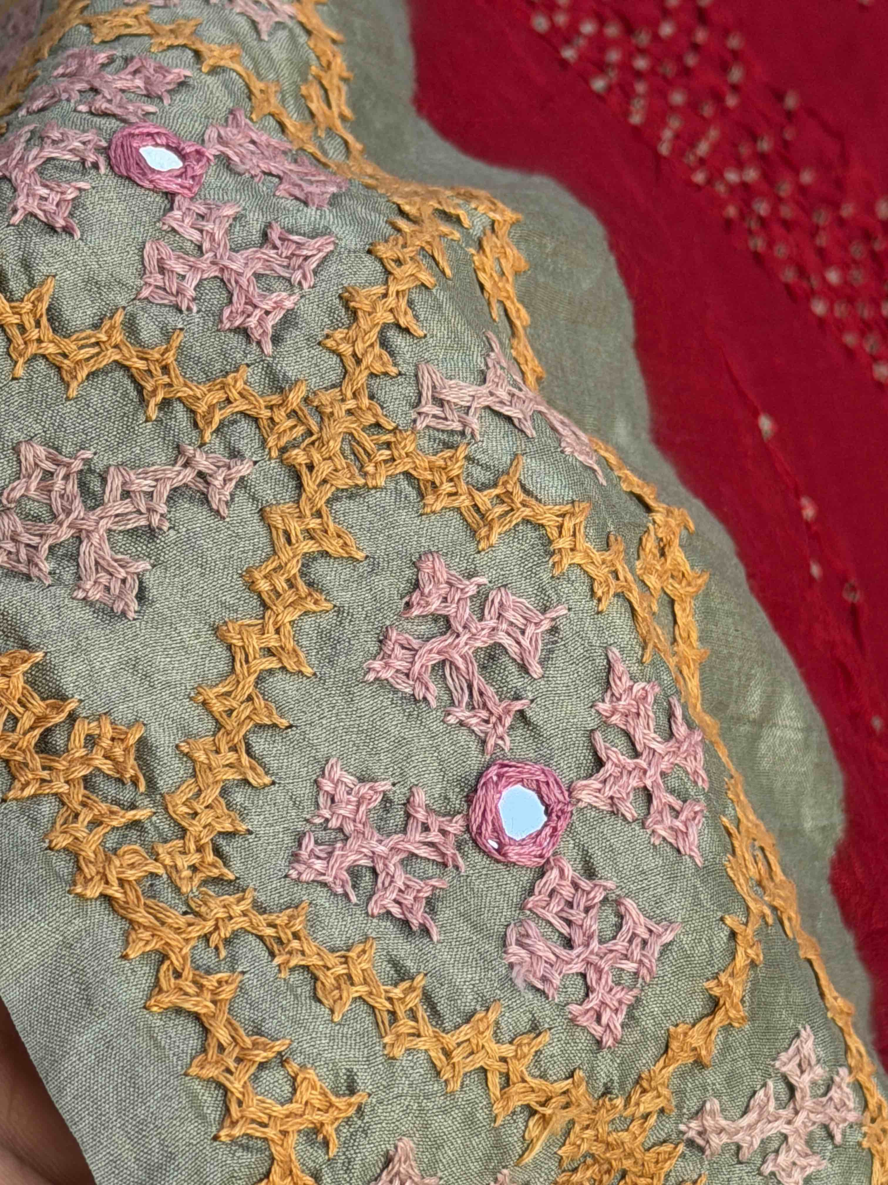 Pista & Red Kantha with Bandhani Fusion Saree